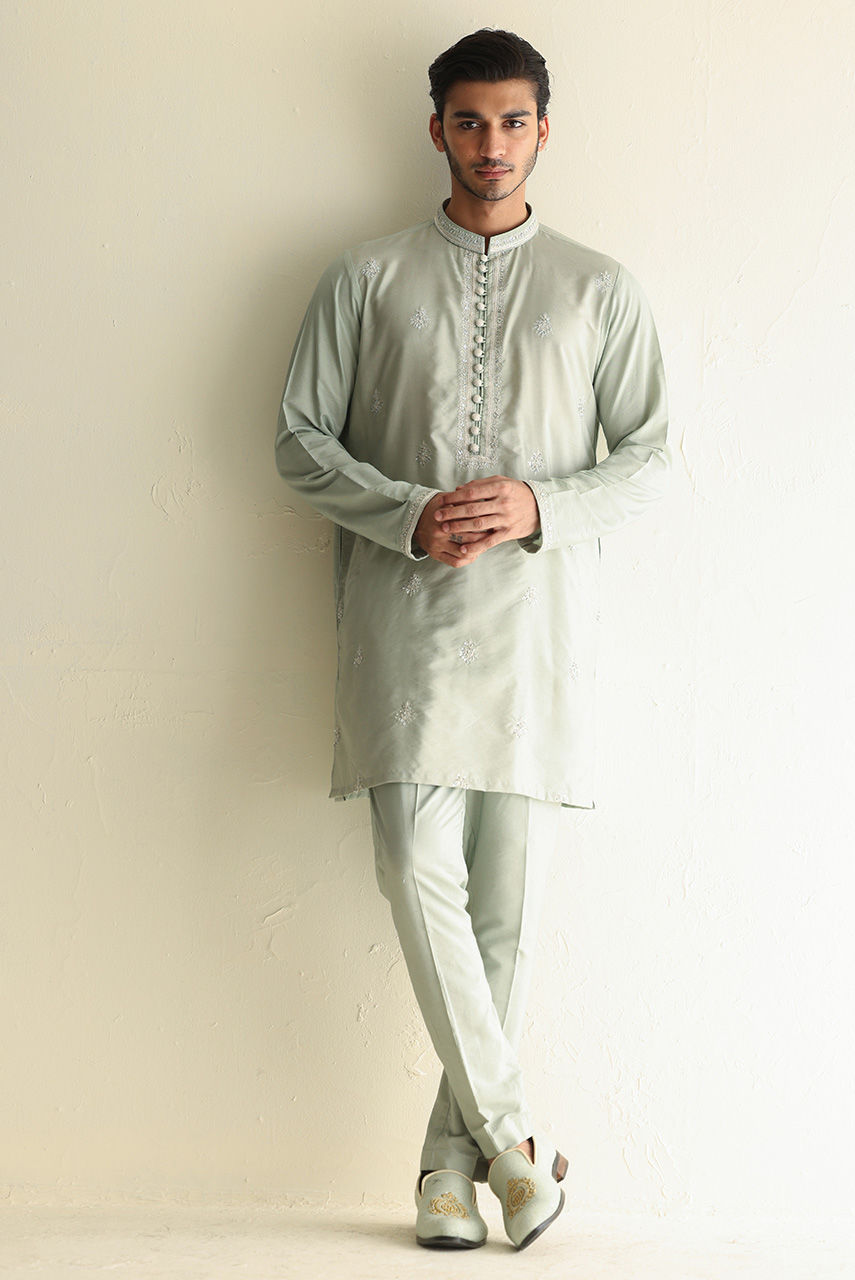 Sage Green Hand Embroidered Khaddi Silk Kurta Pajama (2-Piece) - Image 2