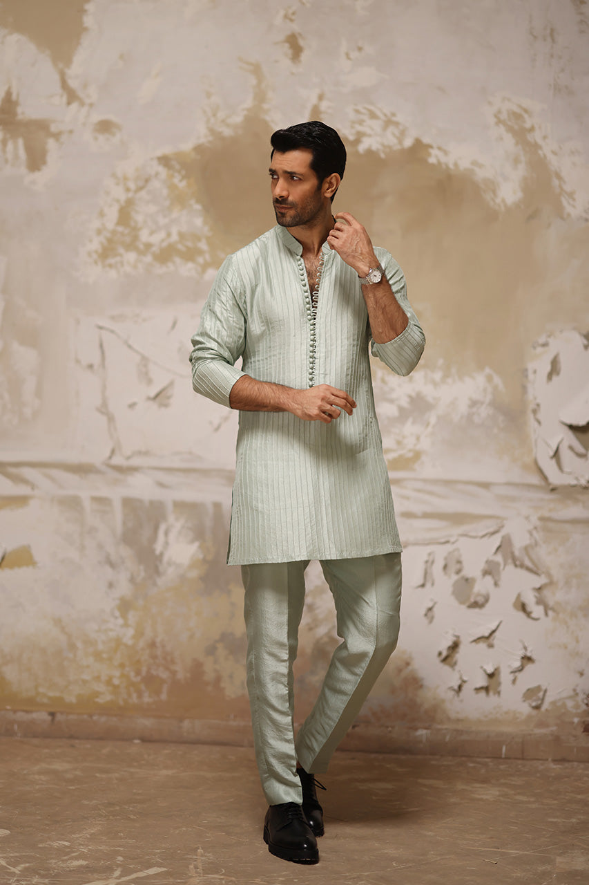 Mint Pintuck Raw Silk Kurta Pajama (2-Piece) - Image 2