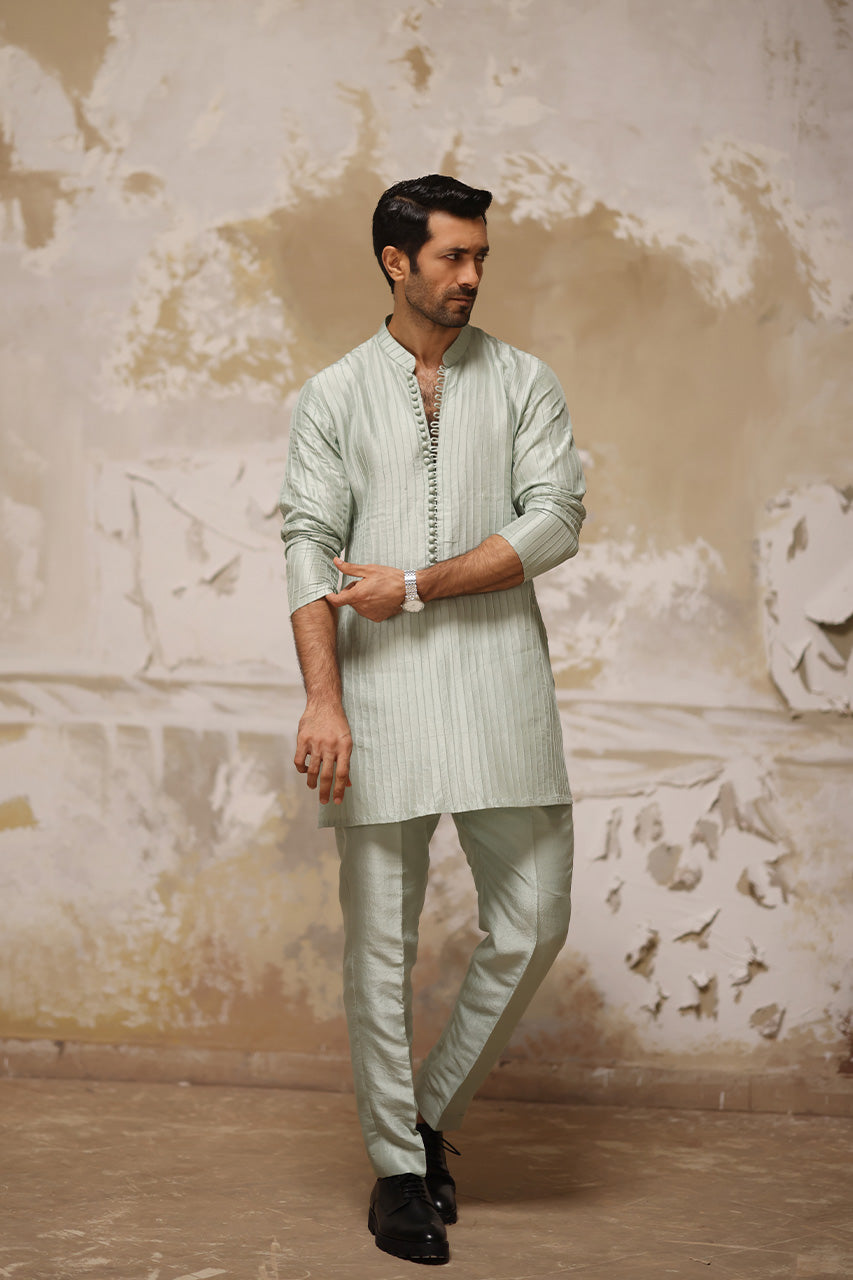 Mint Pintuck Raw Silk Kurta Pajama (2-Piece) - Image 1