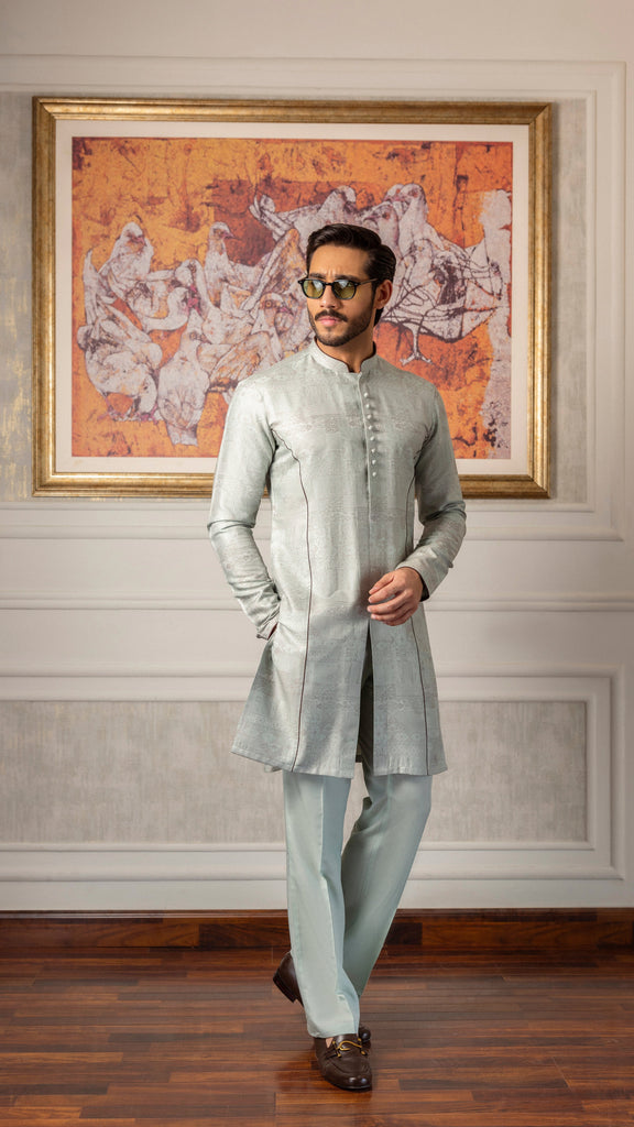 Mint Green Self-Jacquard Kurta Pajama (2-Piece) - Image 1