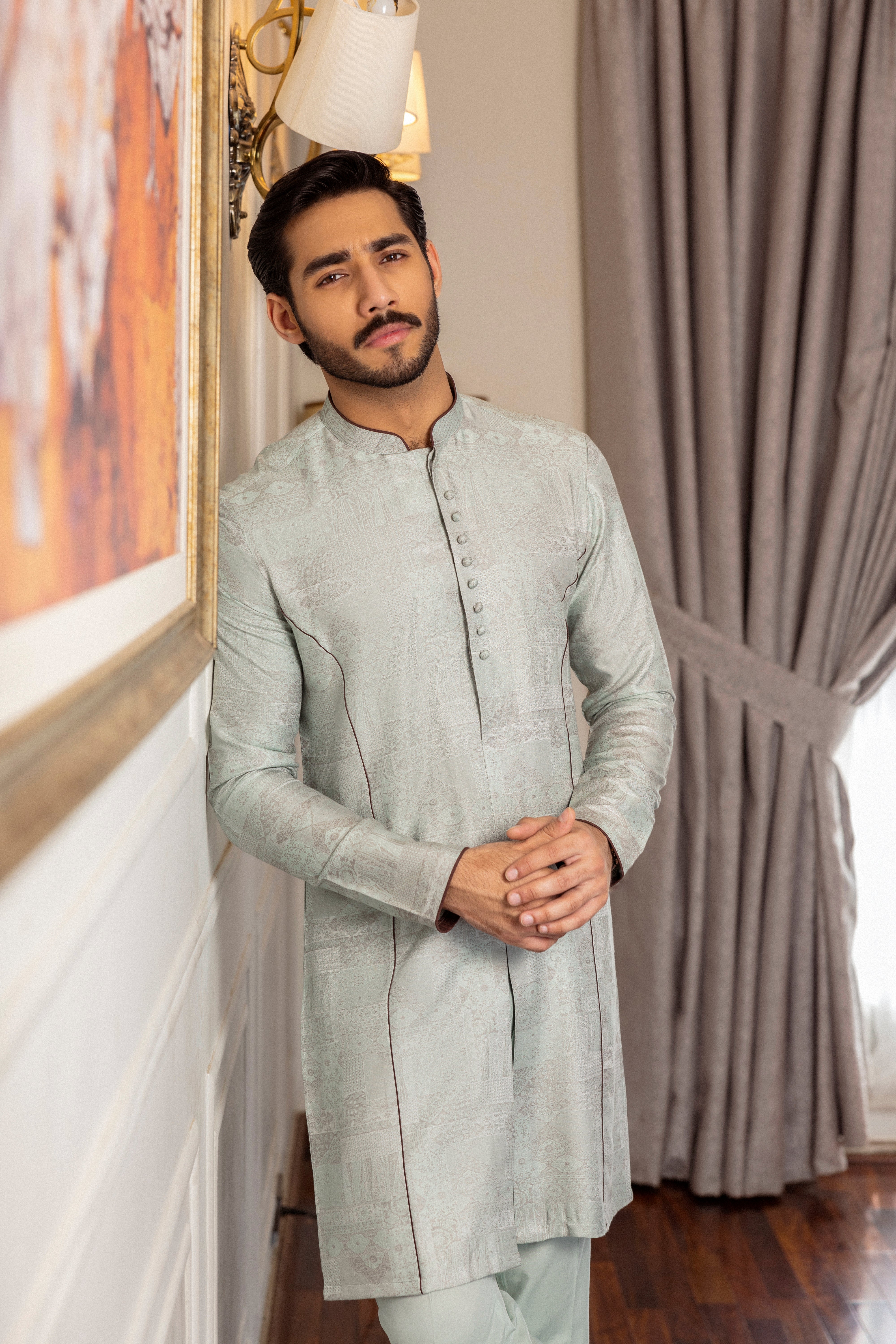 Mint Green Self-Jacquard Kurta Pajama (2-Piece) - Image 5