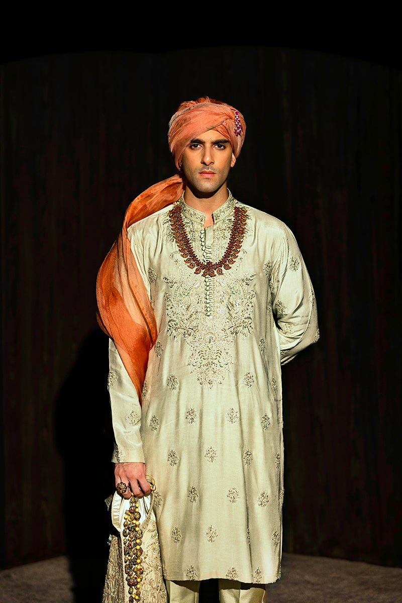 Pastel Green Embroidered Silk-Blend Kurta Pajama (2-Piece) - Image 3