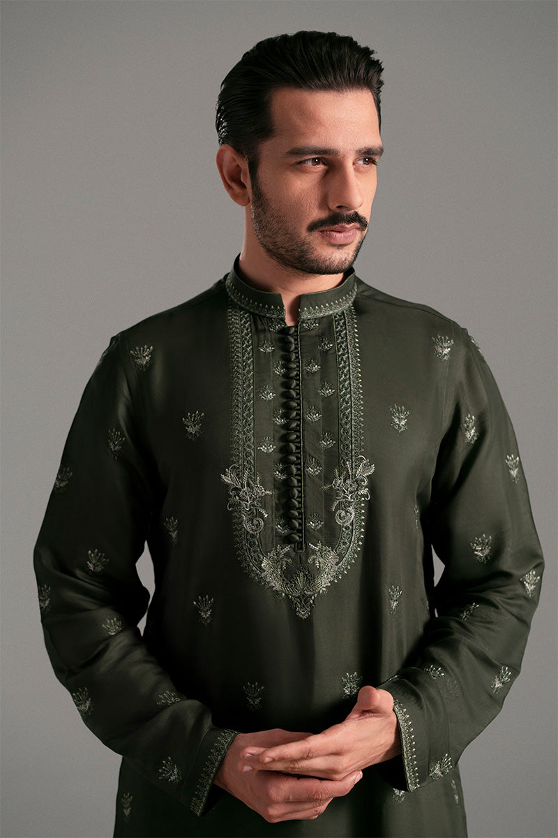 Bottle Green Embroidered Silk-Blend Kurta Pajama (2-Piece) - Image 1