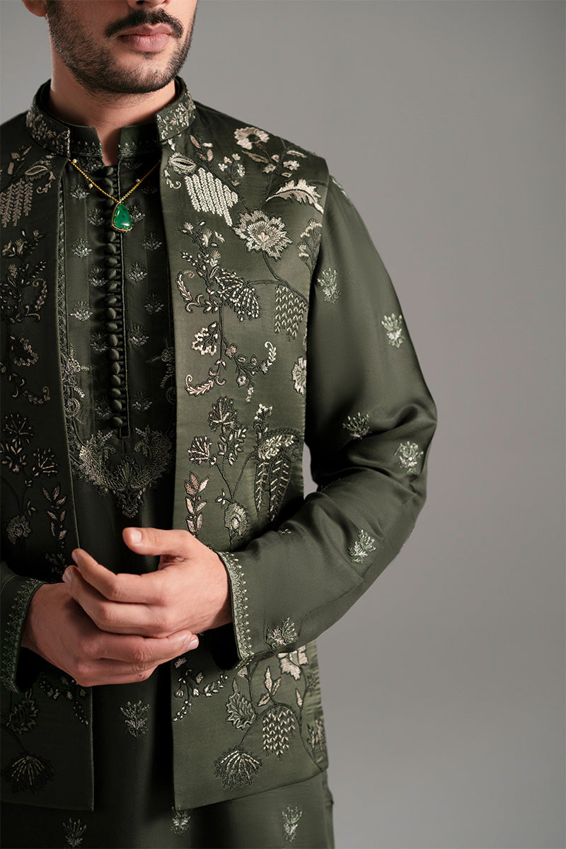Bottle Green Embroidered Silk-Blend Kurta Pajama (2-Piece) - Image 4