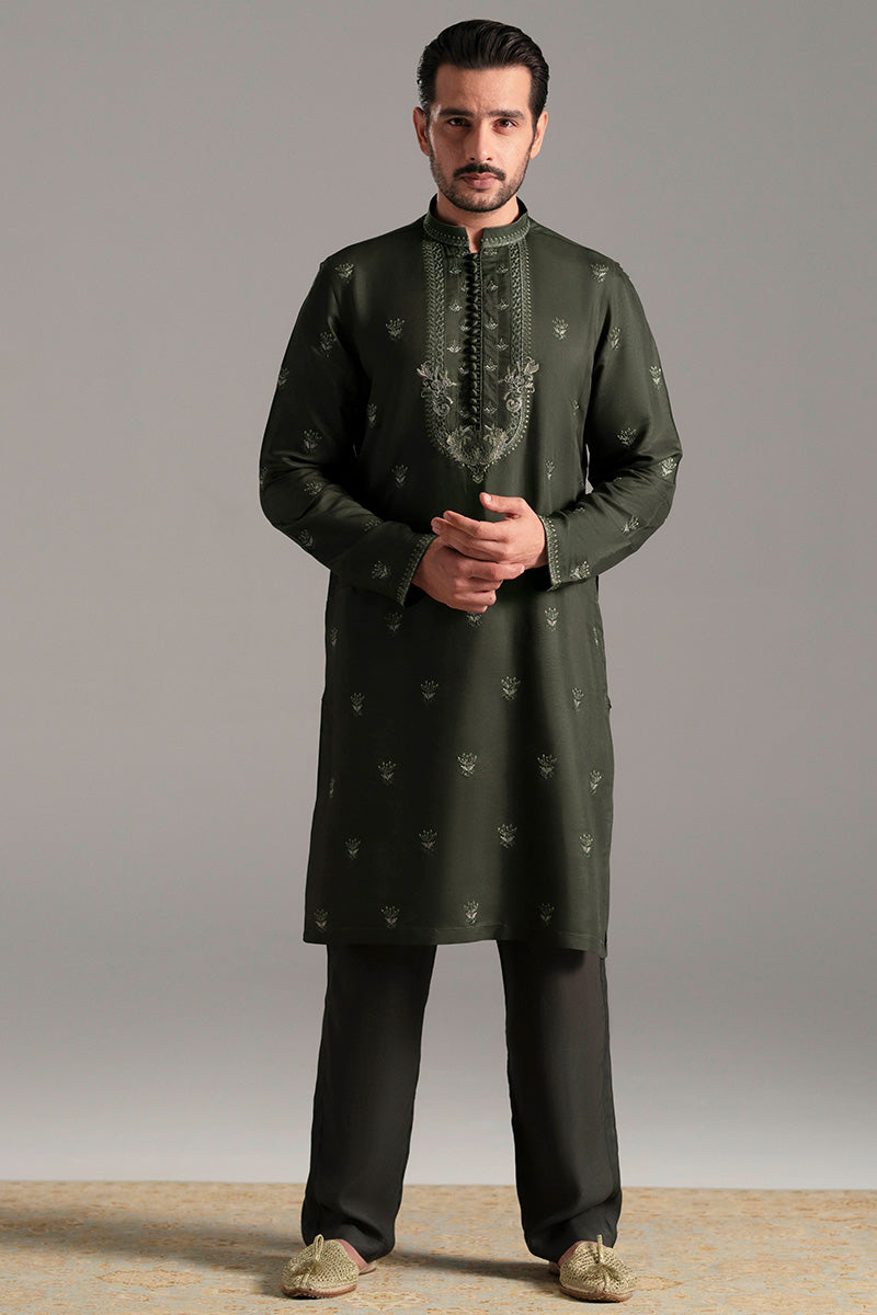 Bottle Green Embroidered Silk-Blend Kurta Pajama (2-Piece) - Image 8