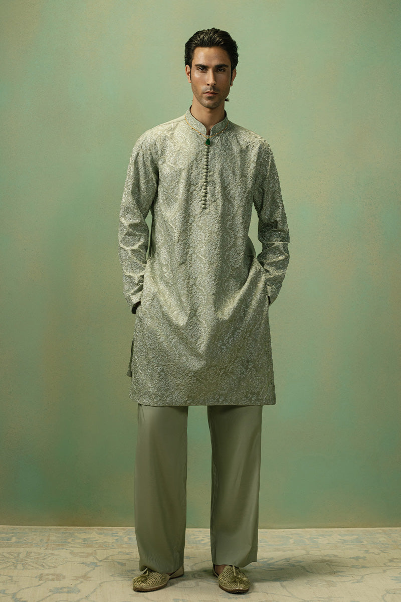 Pistachio Paisley Silk Blend Kurta Pajama (2-Piece) - Image 1