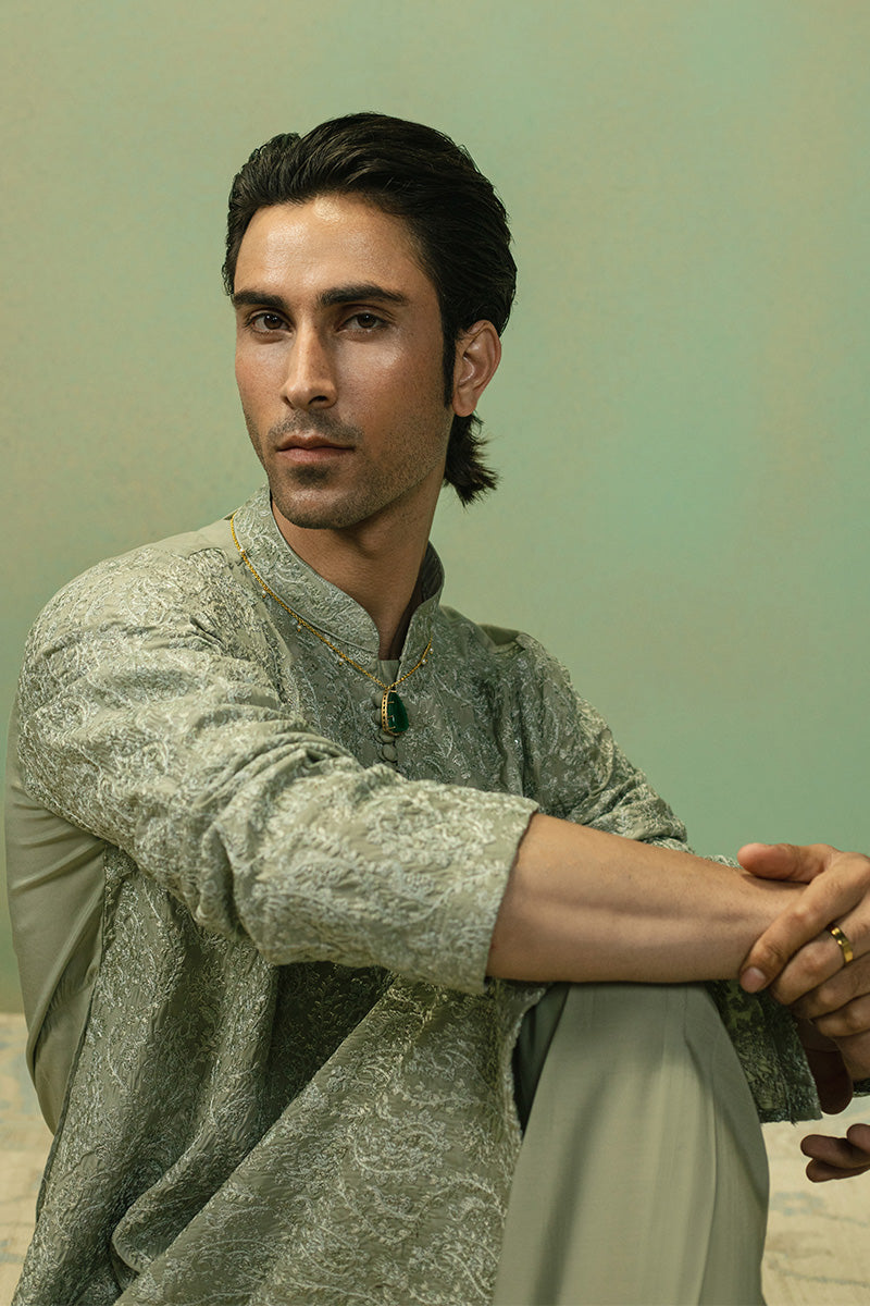 Pistachio Paisley Silk Blend Kurta Pajama (2-Piece) - Image 3