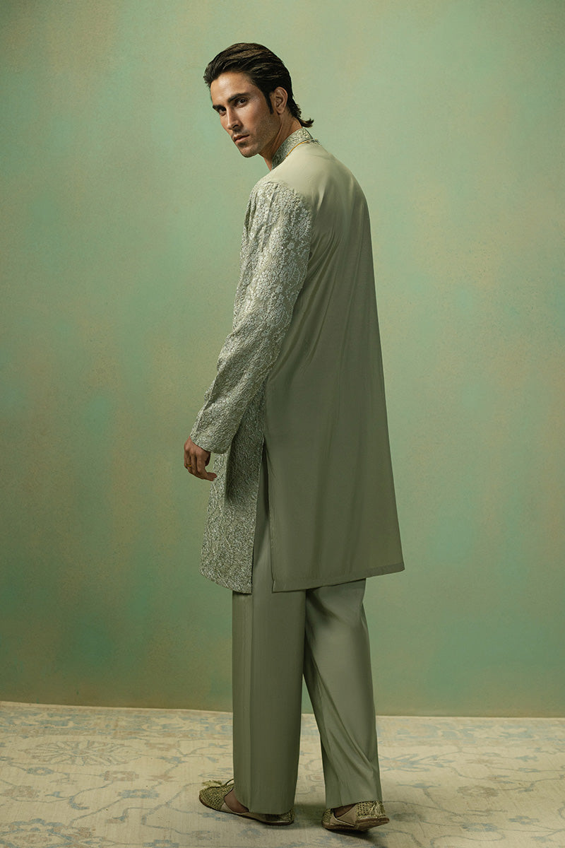 Pistachio Paisley Silk Blend Kurta Pajama (2-Piece) - Image 4