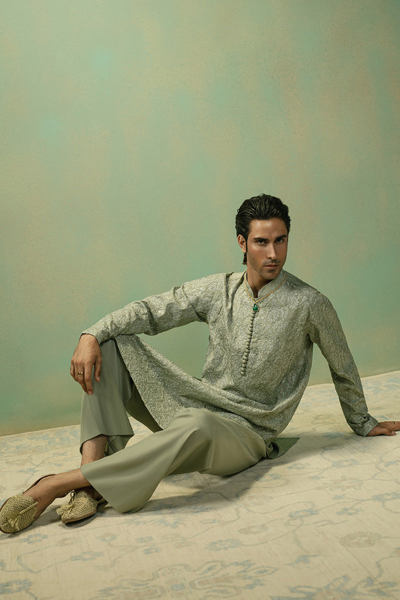 Pistachio Paisley Silk Blend Kurta Pajama (2-Piece) - Image 6