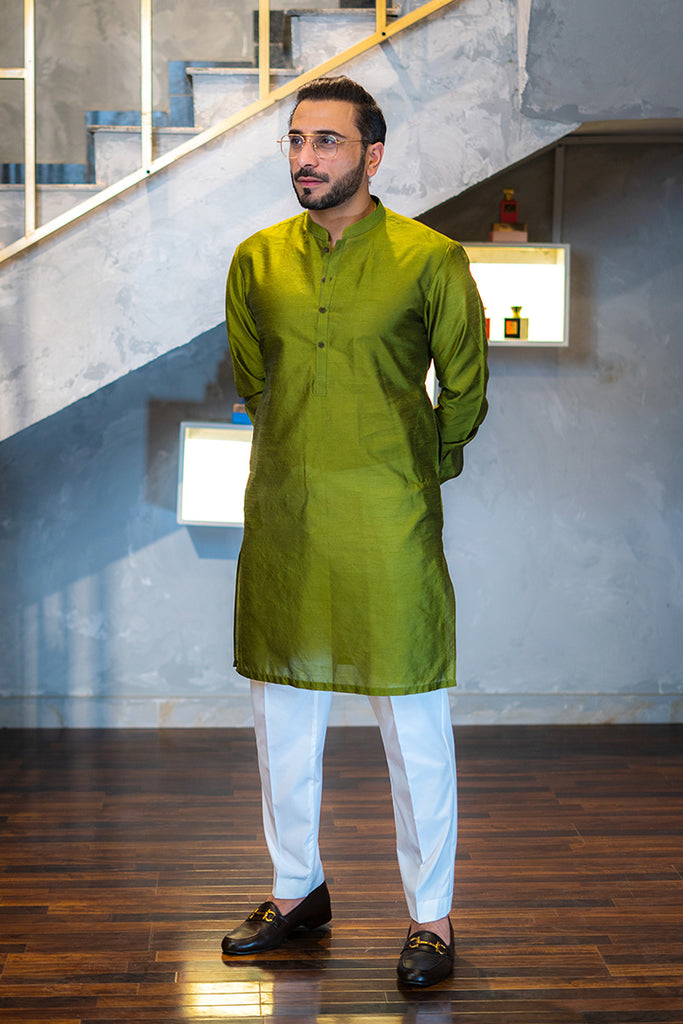 Greenish Pure Silk Kurta Pajama (2-Piece) - Image 1