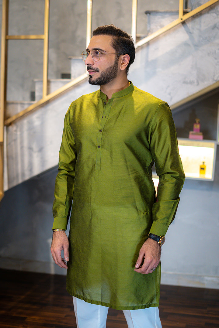 Greenish Pure Silk Kurta Pajama (2-Piece) - Image 3