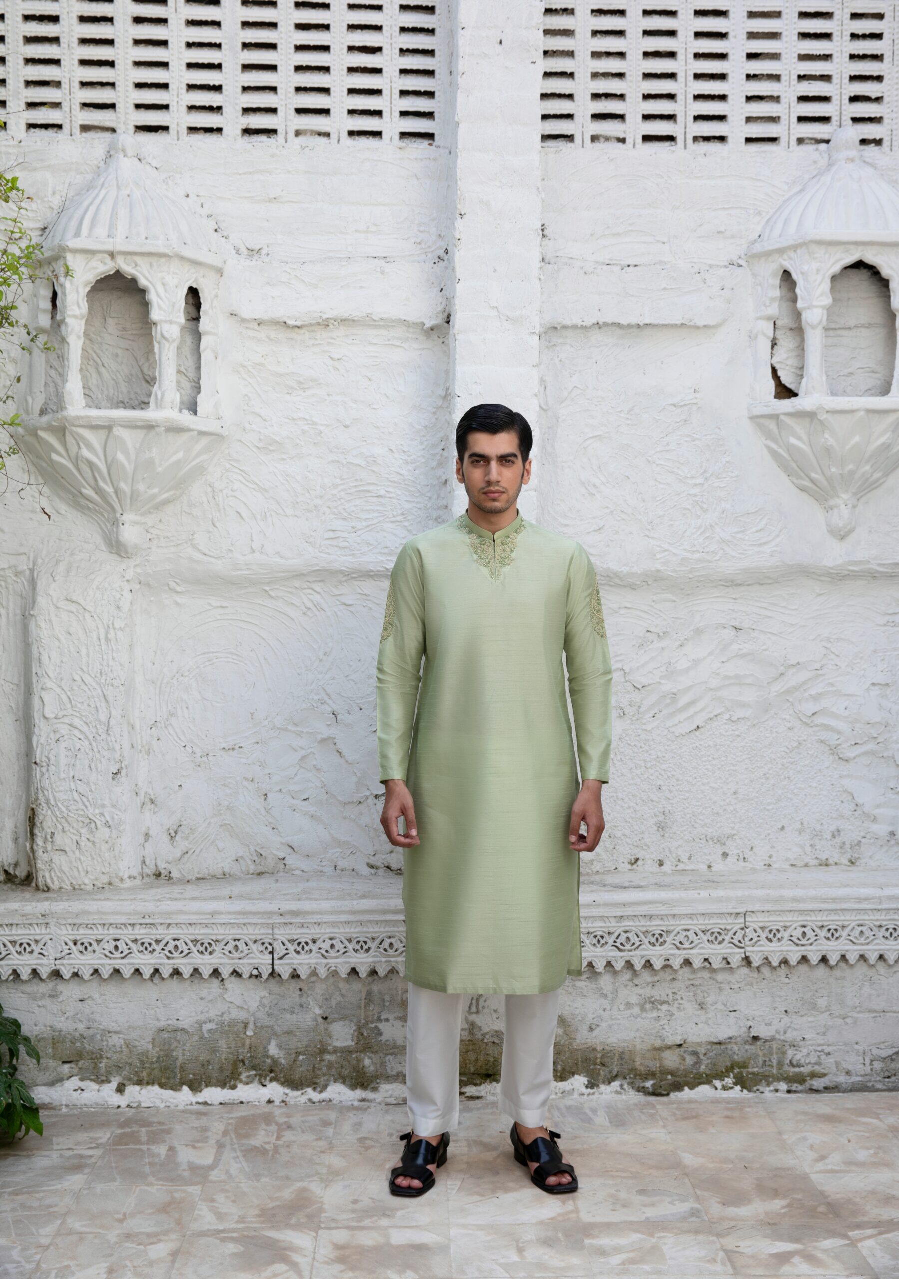 Celadon Green Embroidered Raw Silk Kurta (2-Piece) - Image 1