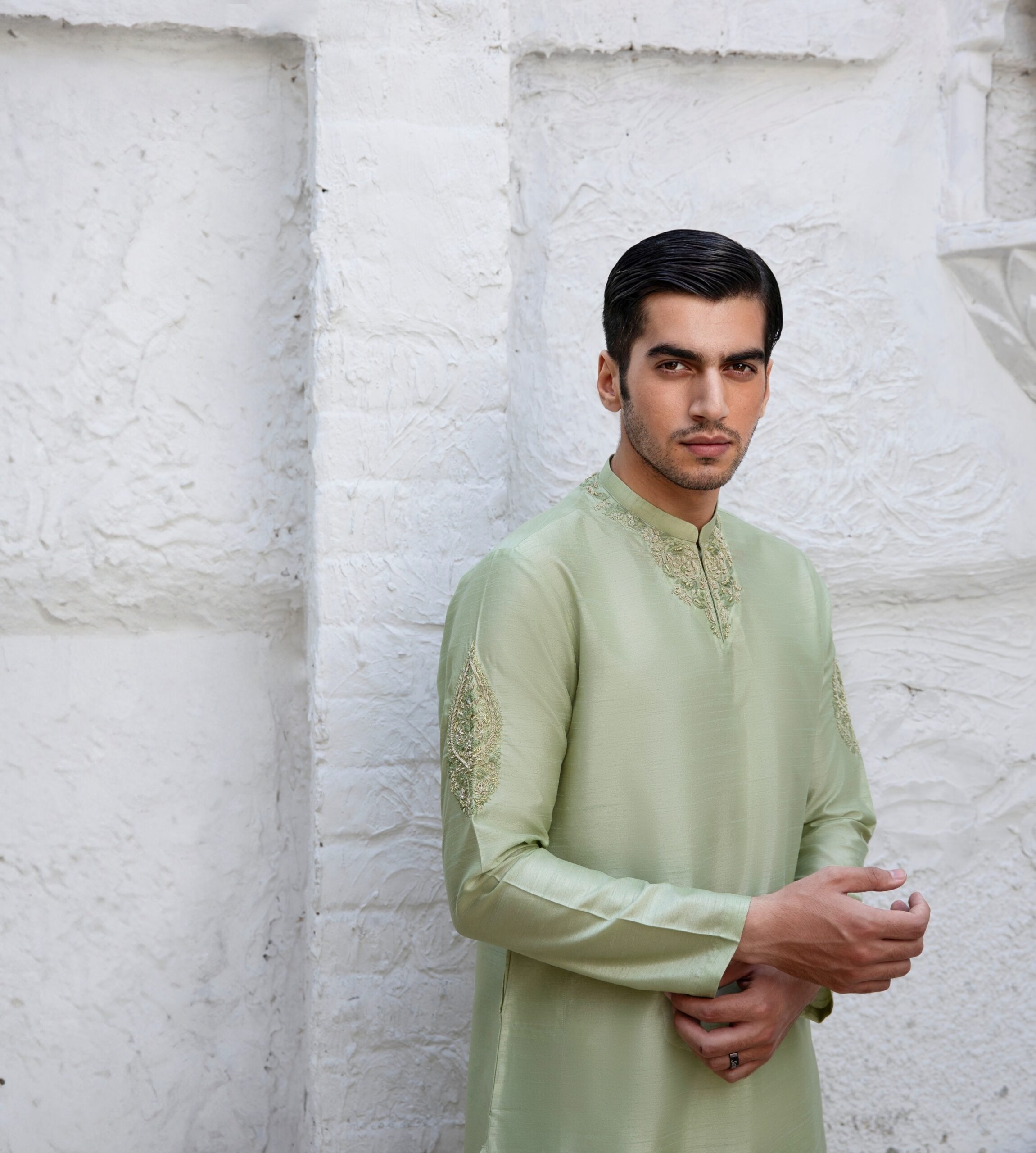 Celadon Green Embroidered Raw Silk Kurta (2-Piece) - Image 2