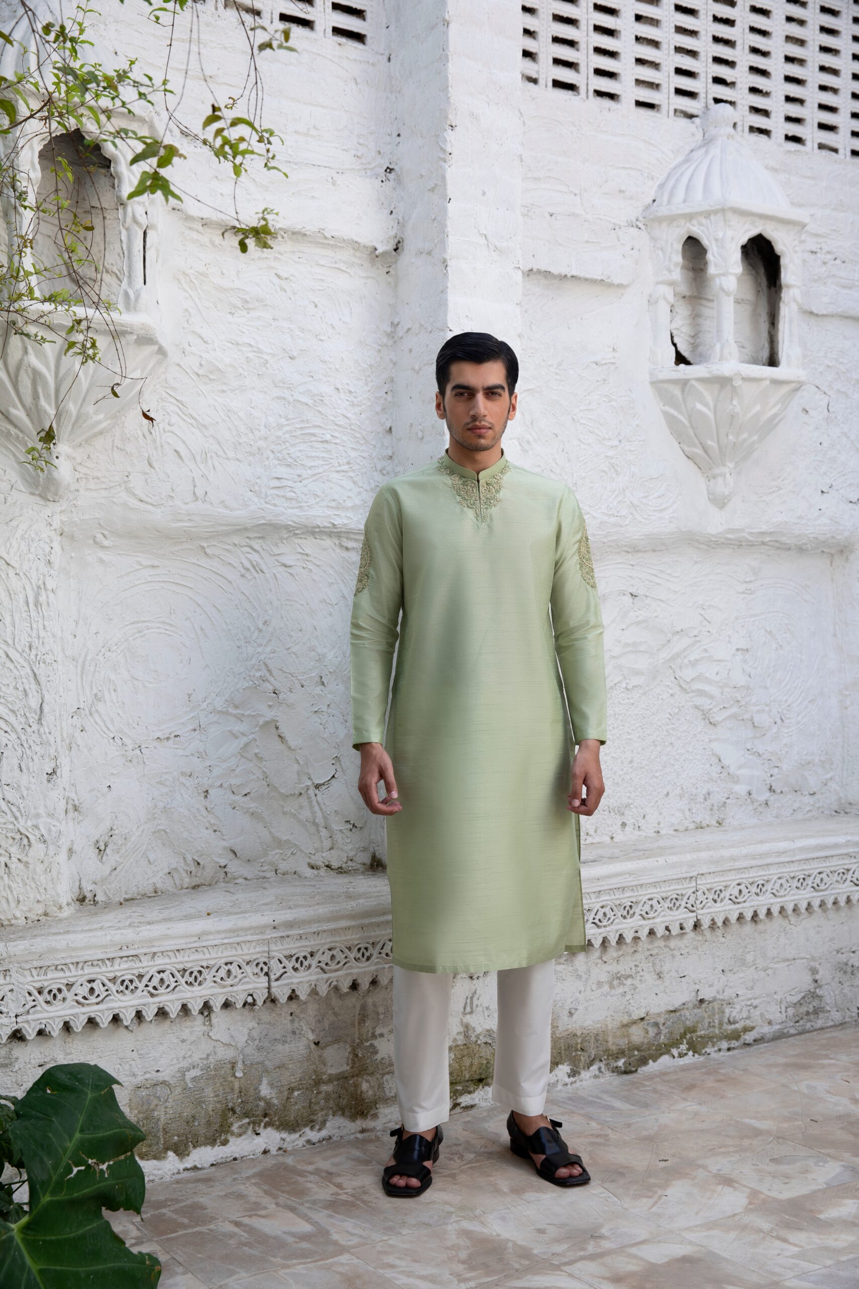 Celadon Green Embroidered Raw Silk Kurta (2-Piece) - Image 3