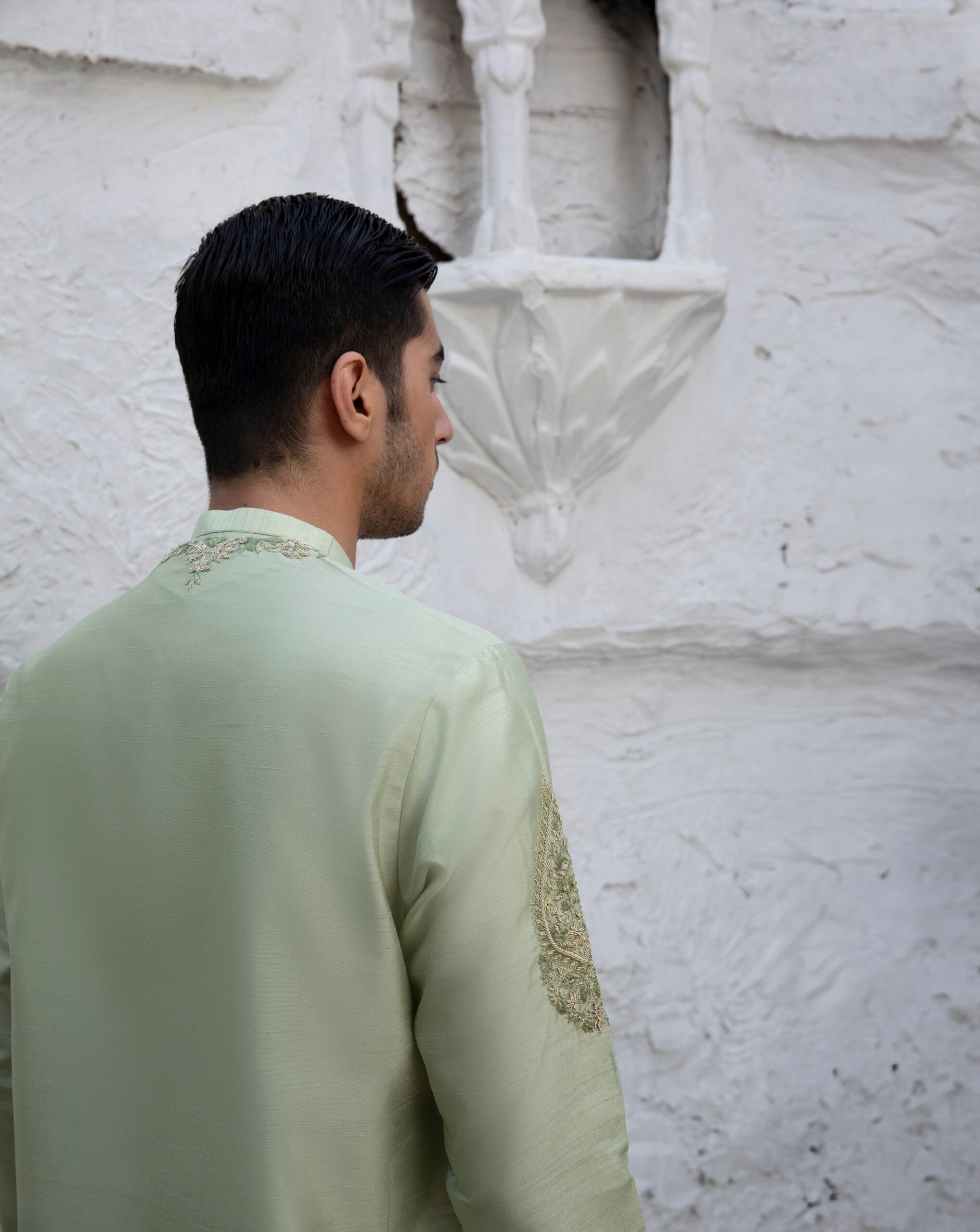 Celadon Green Embroidered Raw Silk Kurta (2-Piece) - Image 4