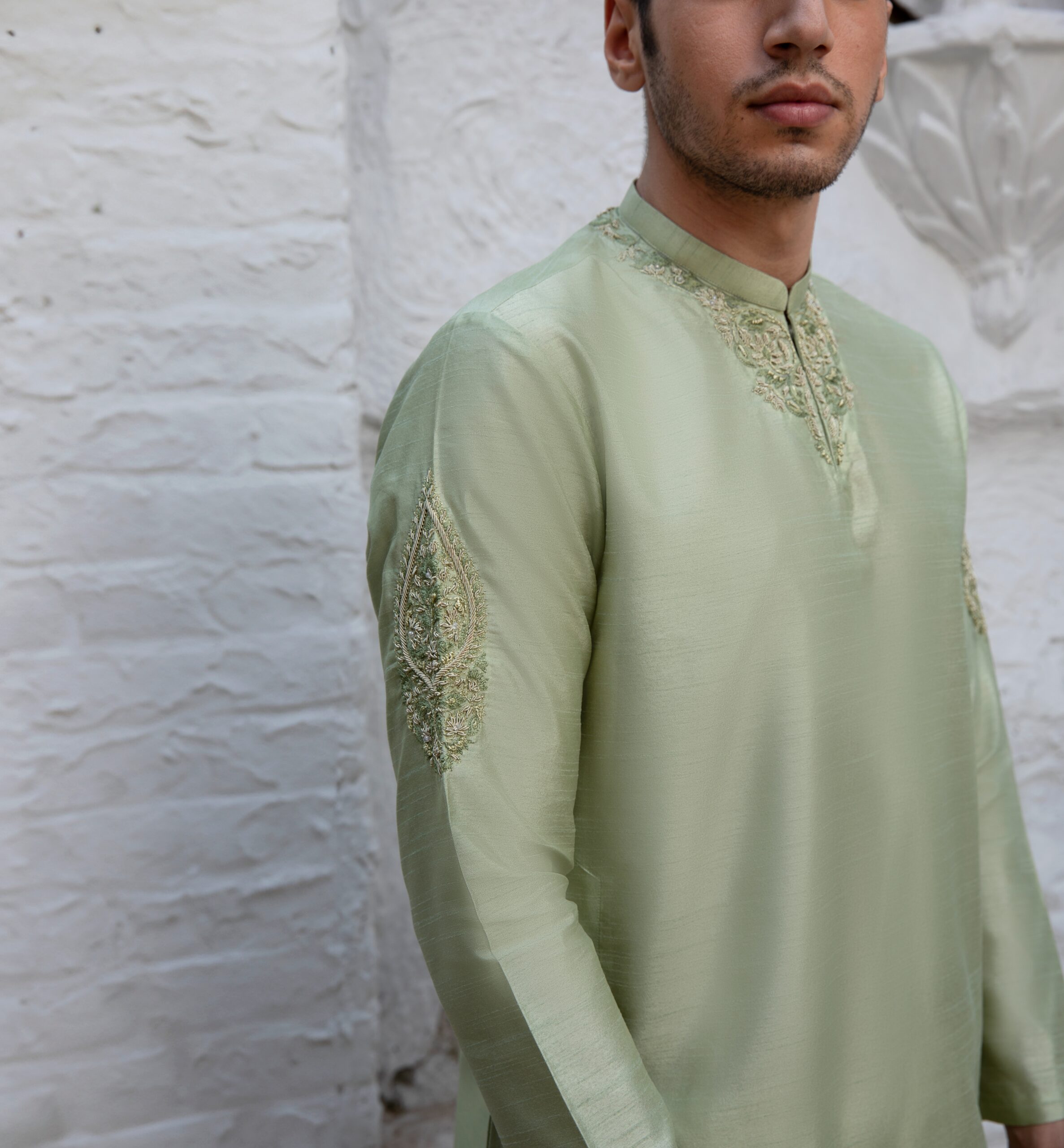 Celadon Green Embroidered Raw Silk Kurta (2-Piece) - Image 5