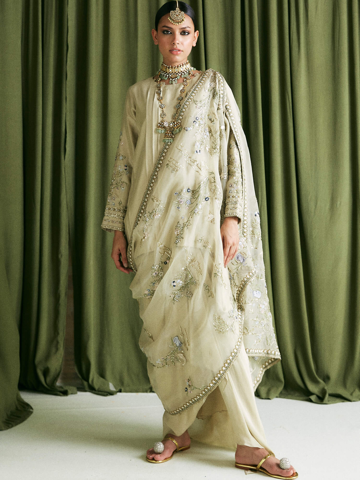 Mint Embroidered Raw Silk Kurta Set (3-Piece) - Image 1