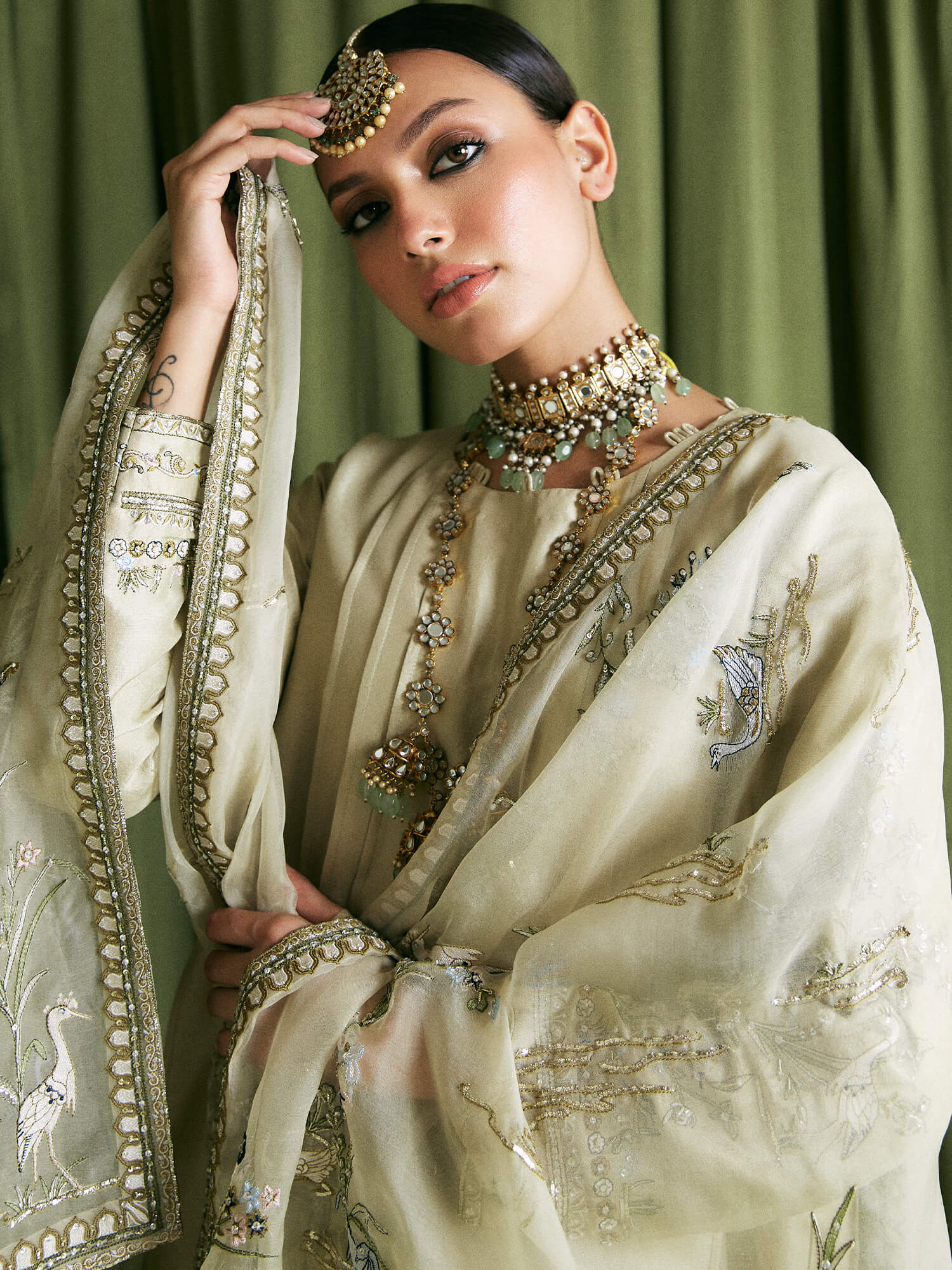 Mint Embroidered Raw Silk Kurta Set (3-Piece) - Image 2