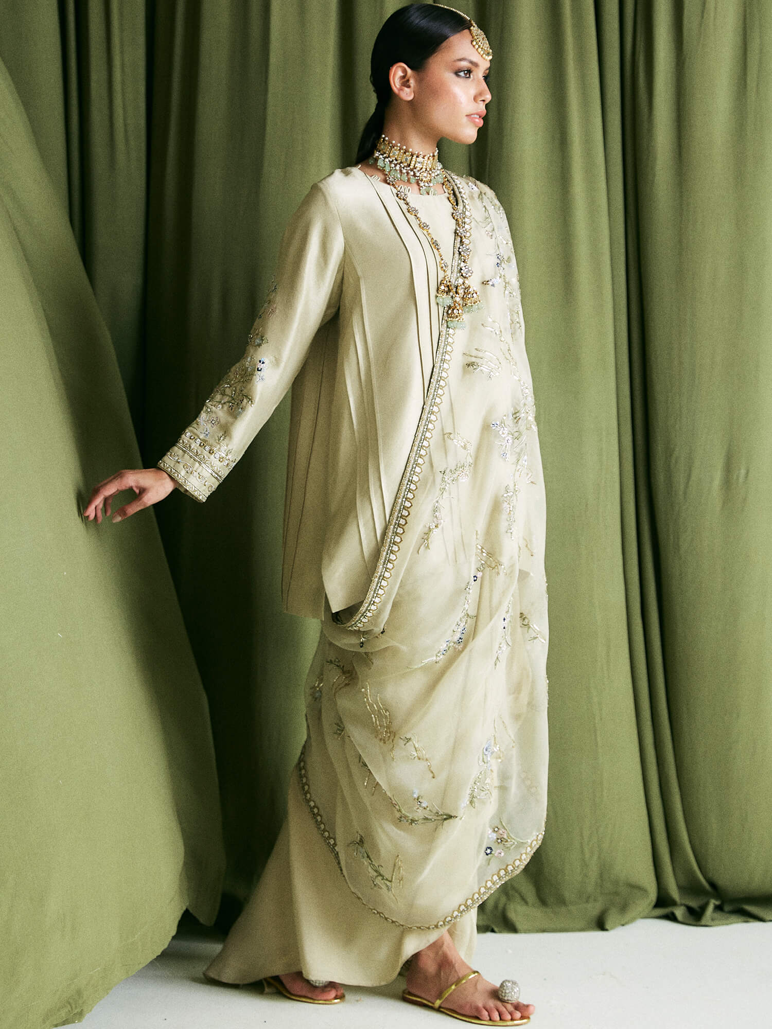 Mint Embroidered Raw Silk Kurta Set (3-Piece) - Image 3