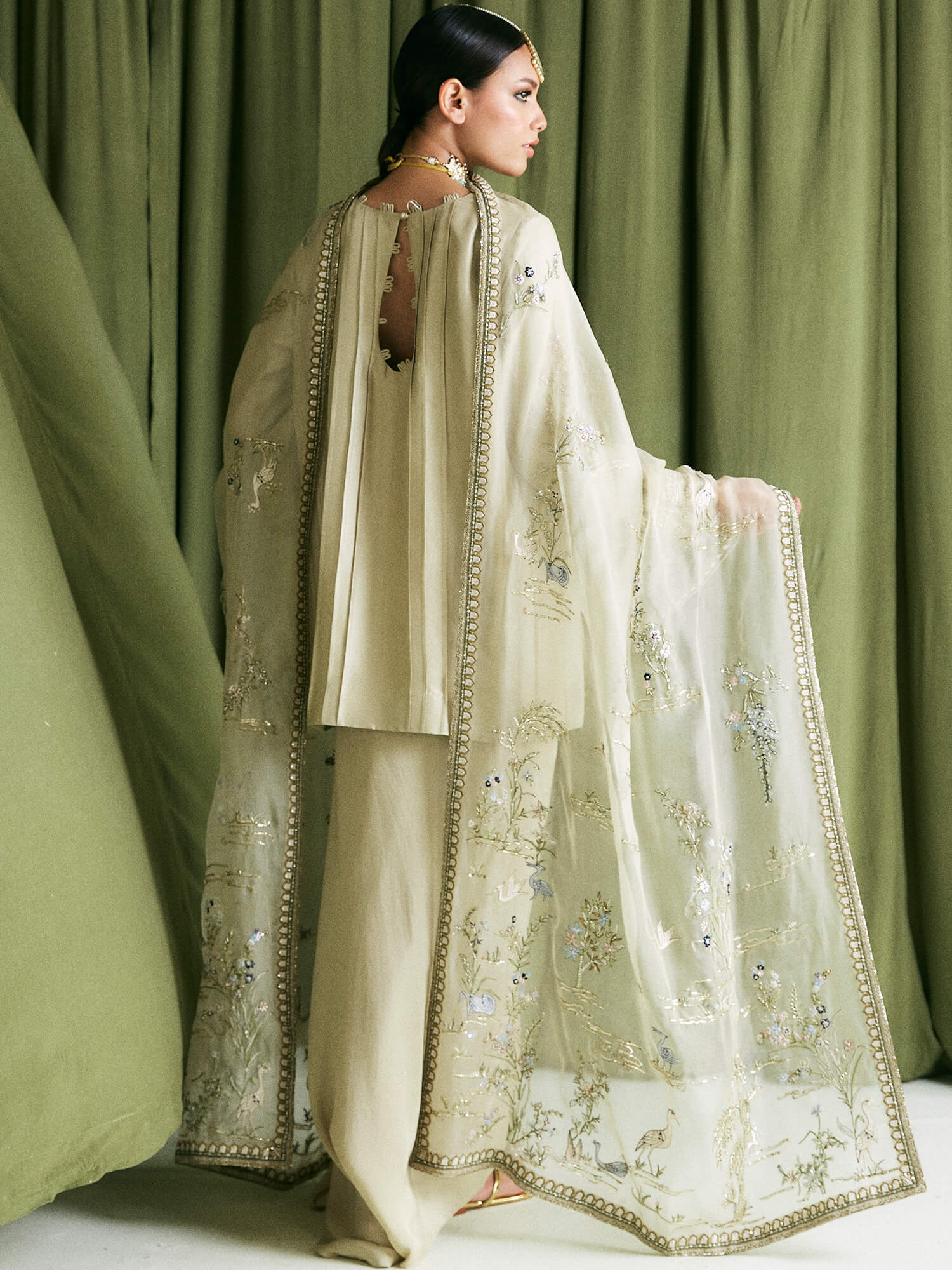 Mint Embroidered Raw Silk Kurta Set (3-Piece) - Image 4