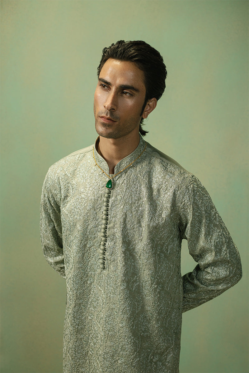 Pistachio Paisley Embroidered Silk Blend Kurta Pajama (2-Piece) - Image 3