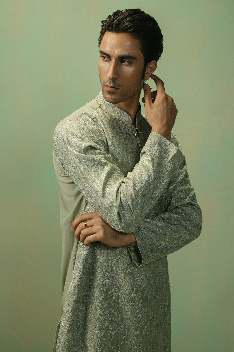 Pistachio Paisley Embroidered Silk Blend Kurta Pajama (2-Piece) - Image 5