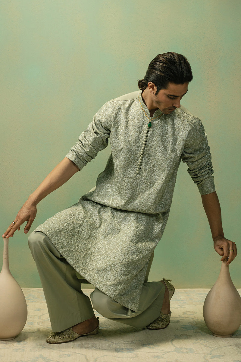 Pistachio Paisley Embroidered Silk Blend Kurta Pajama (2-Piece) - Image 7