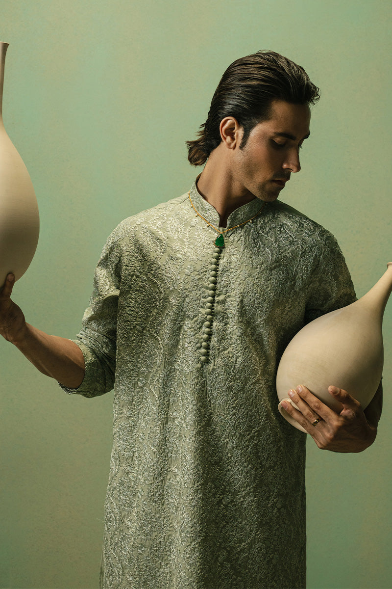 Pistachio Paisley Embroidered Silk Blend Kurta Pajama (2-Piece) - Image 8