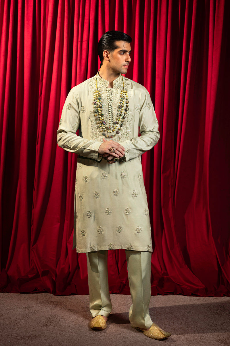 Pastel Green Embroidered Silk-Blend Kurta Pajama (2-Piece) - Image 1