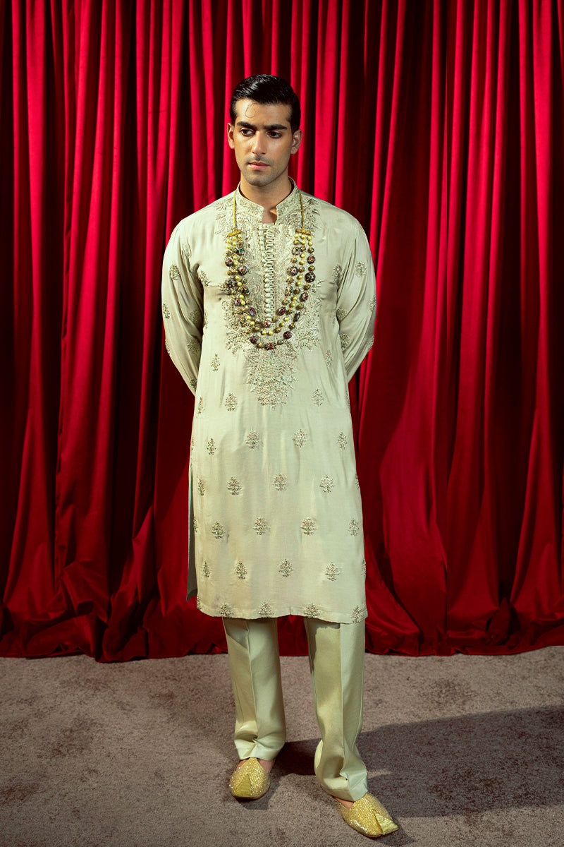 Pastel Green Embroidered Silk-Blend Kurta Pajama (2-Piece) - Image 4