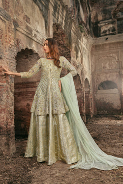 Pakistani Mint Green Embellished Net Peplum with Banarsi Lehenga (3-Piece) - Image 1