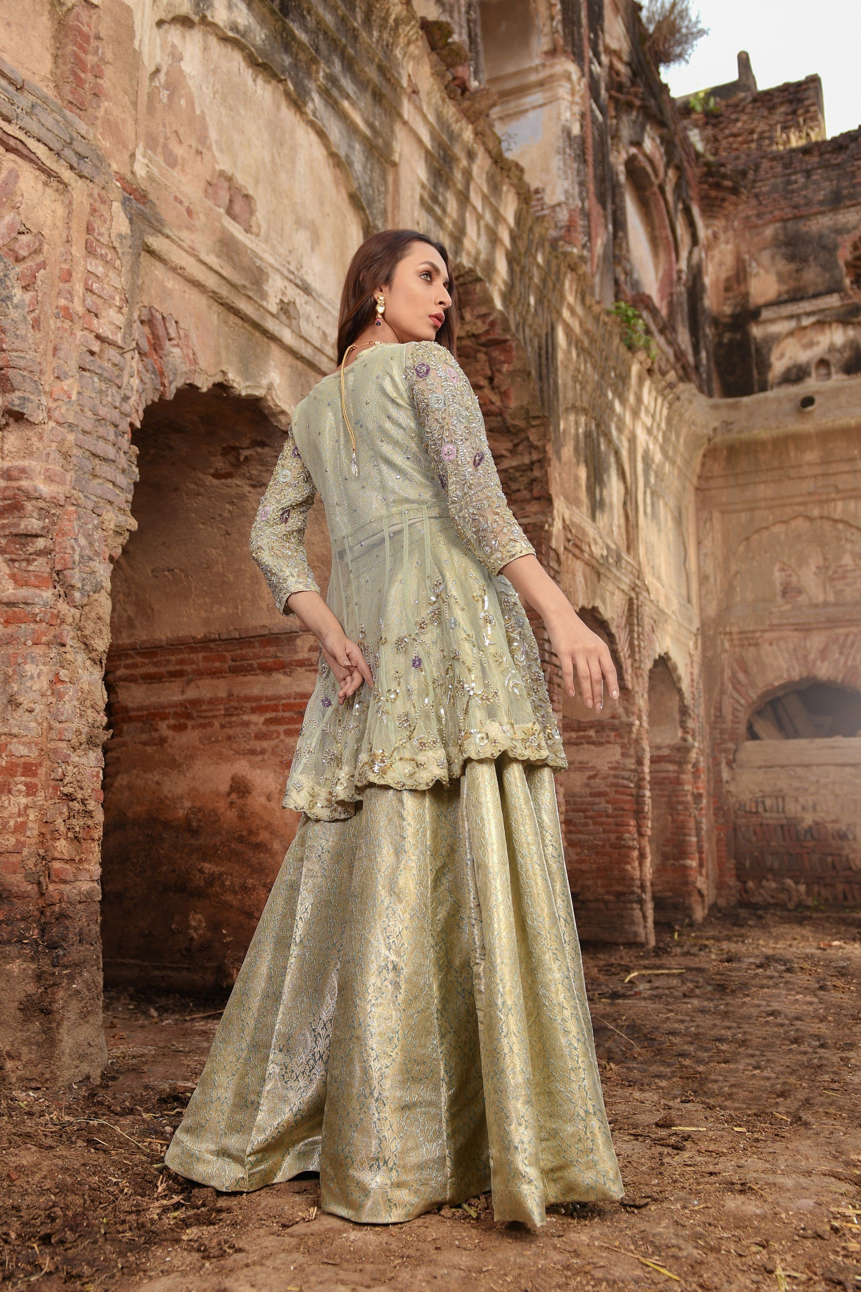 Pakistani Mint Green Embellished Net Peplum with Banarsi Lehenga (3-Piece) - Image 2