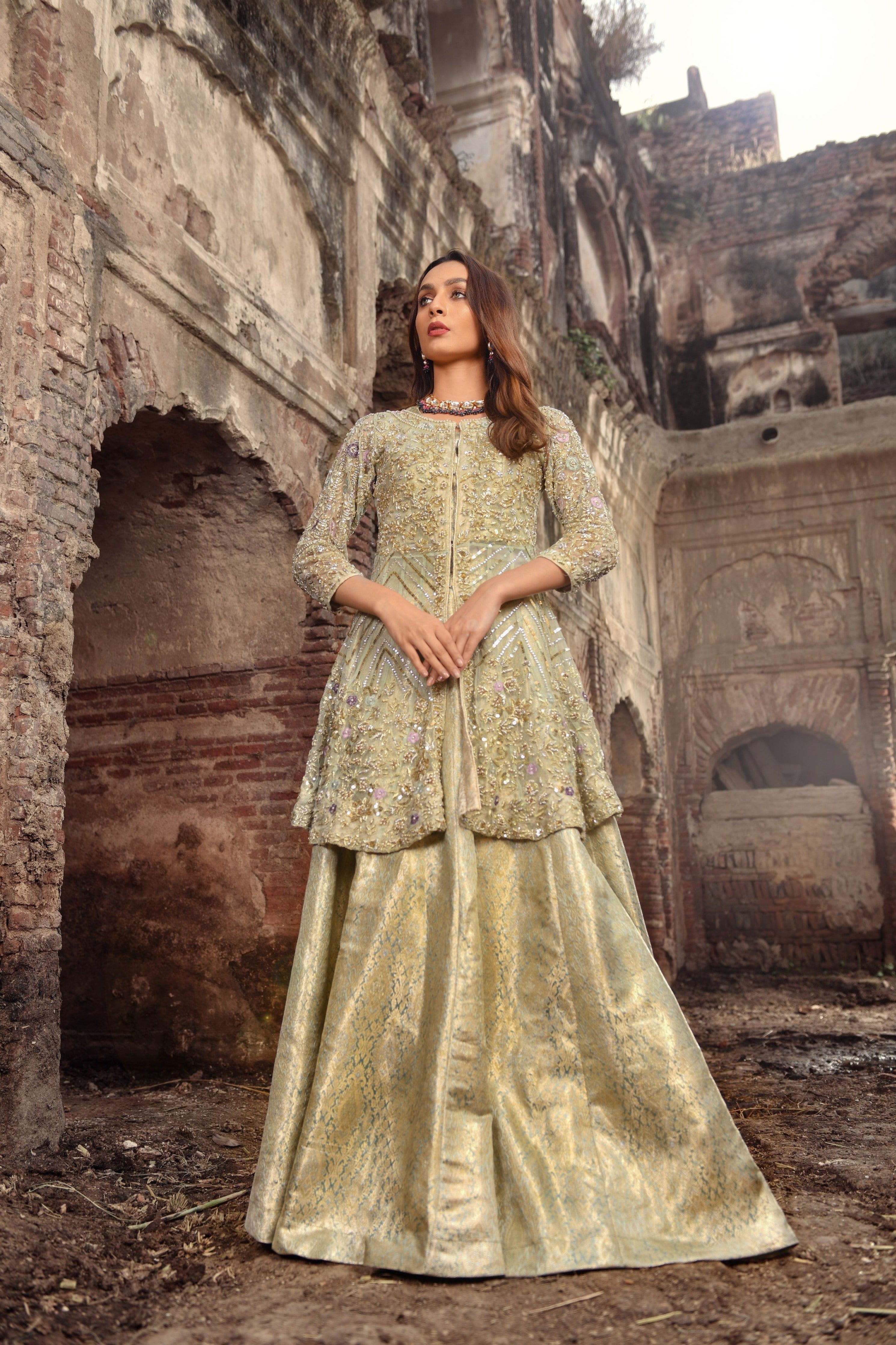 Pakistani Mint Green Embellished Net Peplum with Banarsi Lehenga (3-Piece) - Image 4
