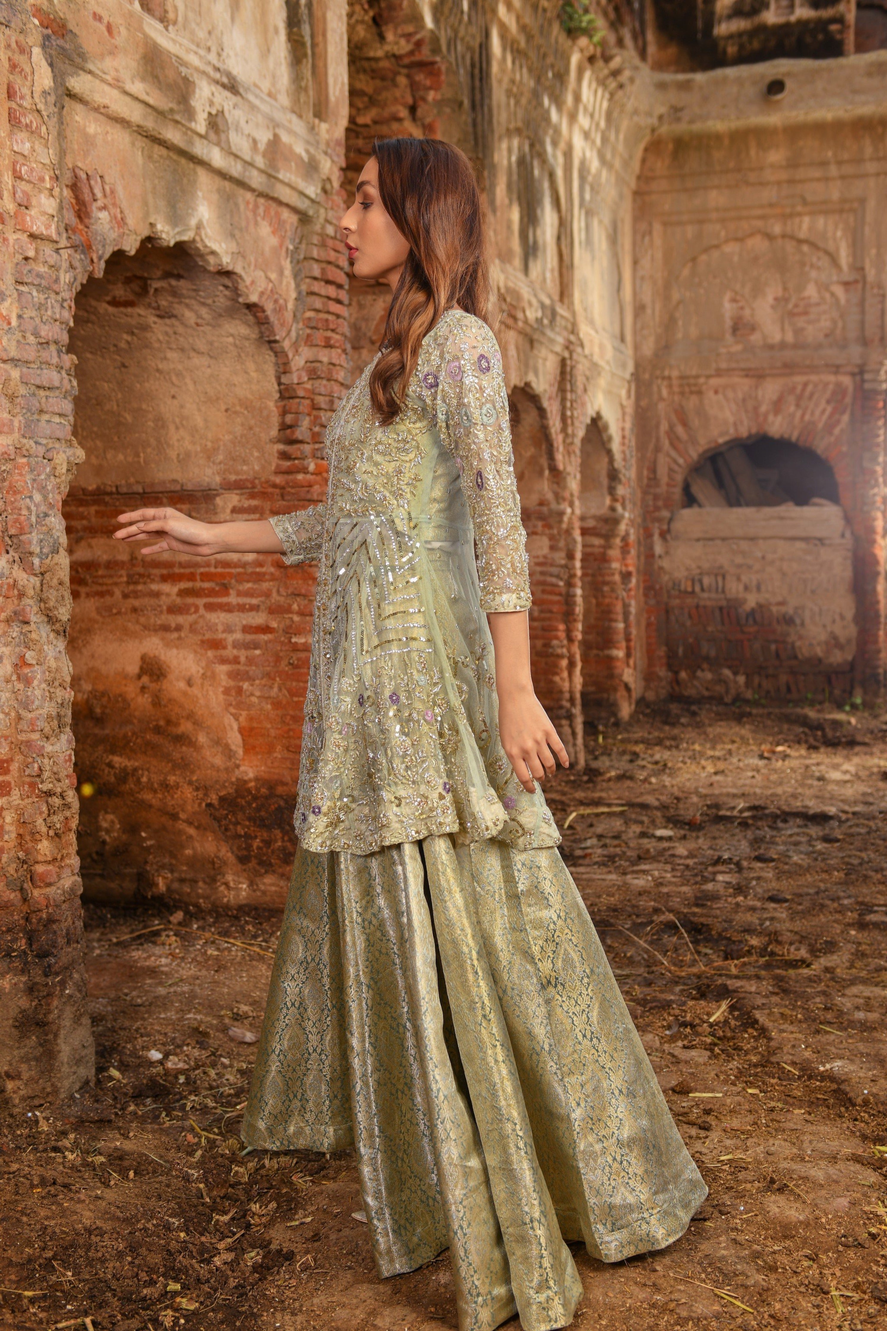 Pakistani Mint Green Embellished Net Peplum with Banarsi Lehenga (3-Piece) - Image 6