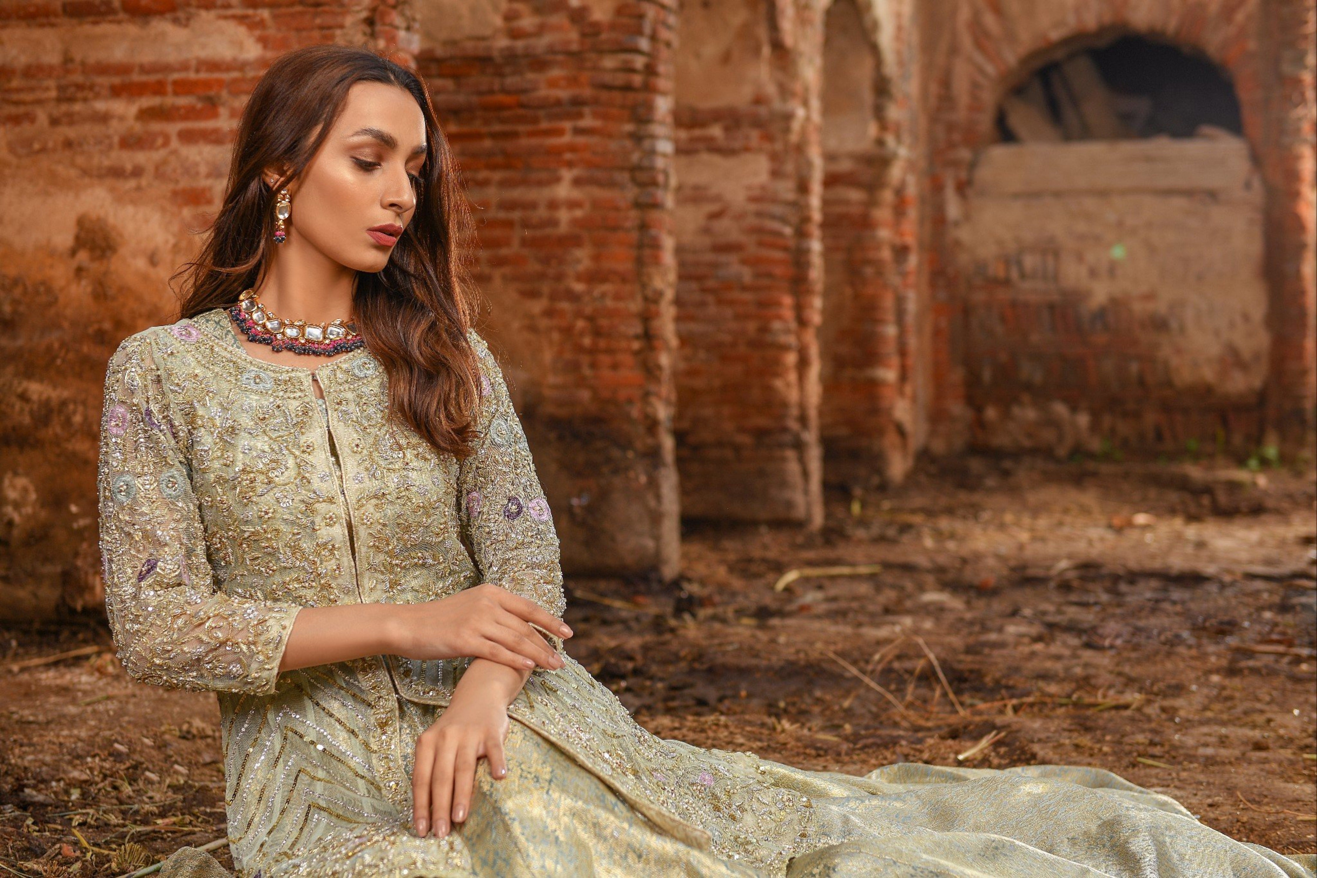 Pakistani Mint Green Embellished Net Peplum with Banarsi Lehenga (3-Piece) - Image 7