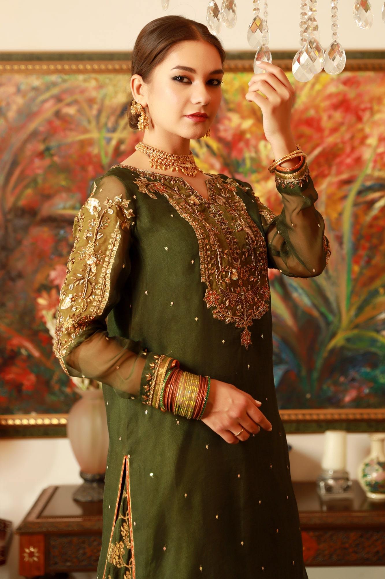 Army Green Embroidered Organza & Banarsi Lehenga (3-Piece) - Image 1