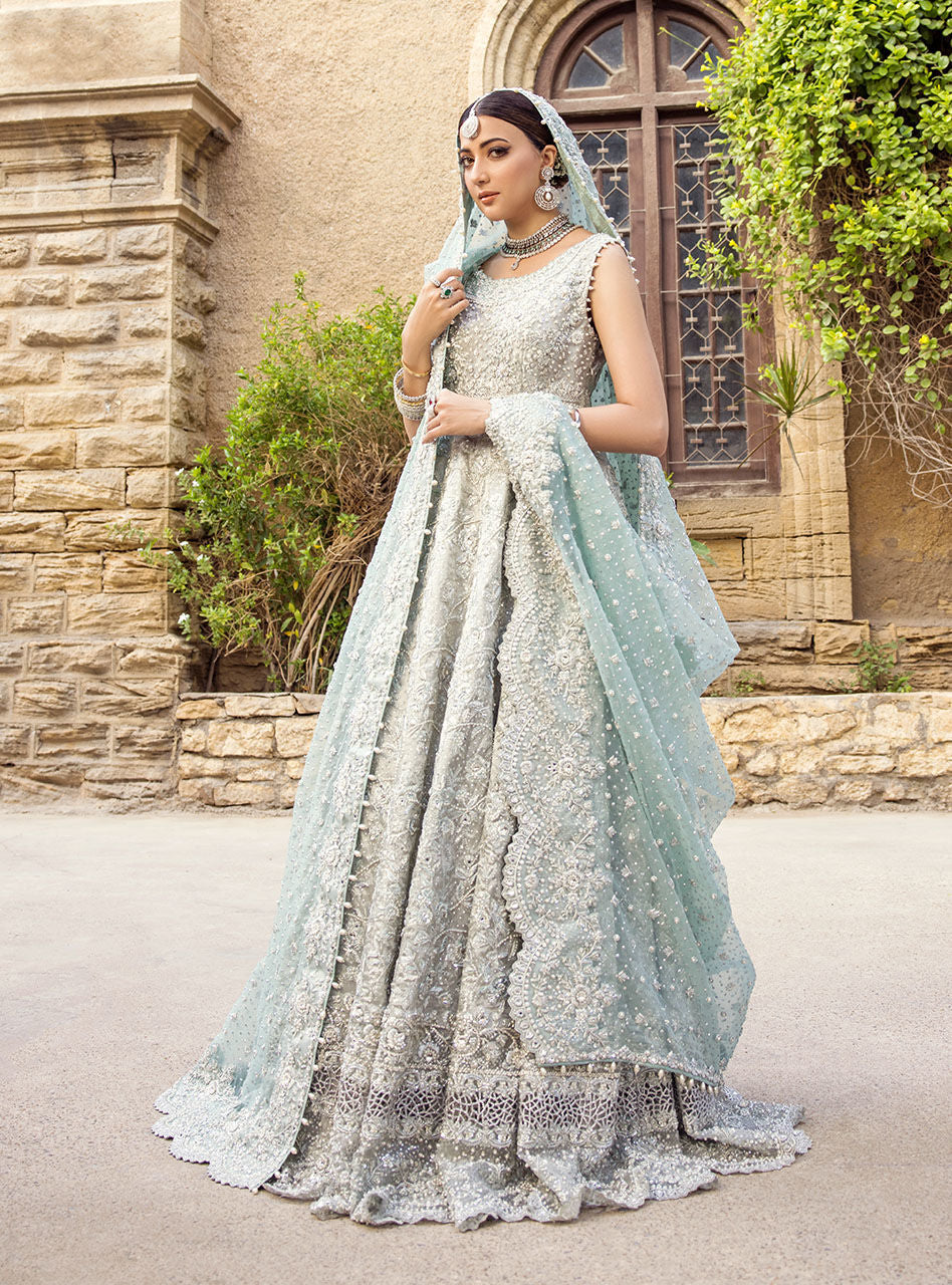 Mint Embellished Brocade Bridal Lehenga (3-Piece) - Image 1