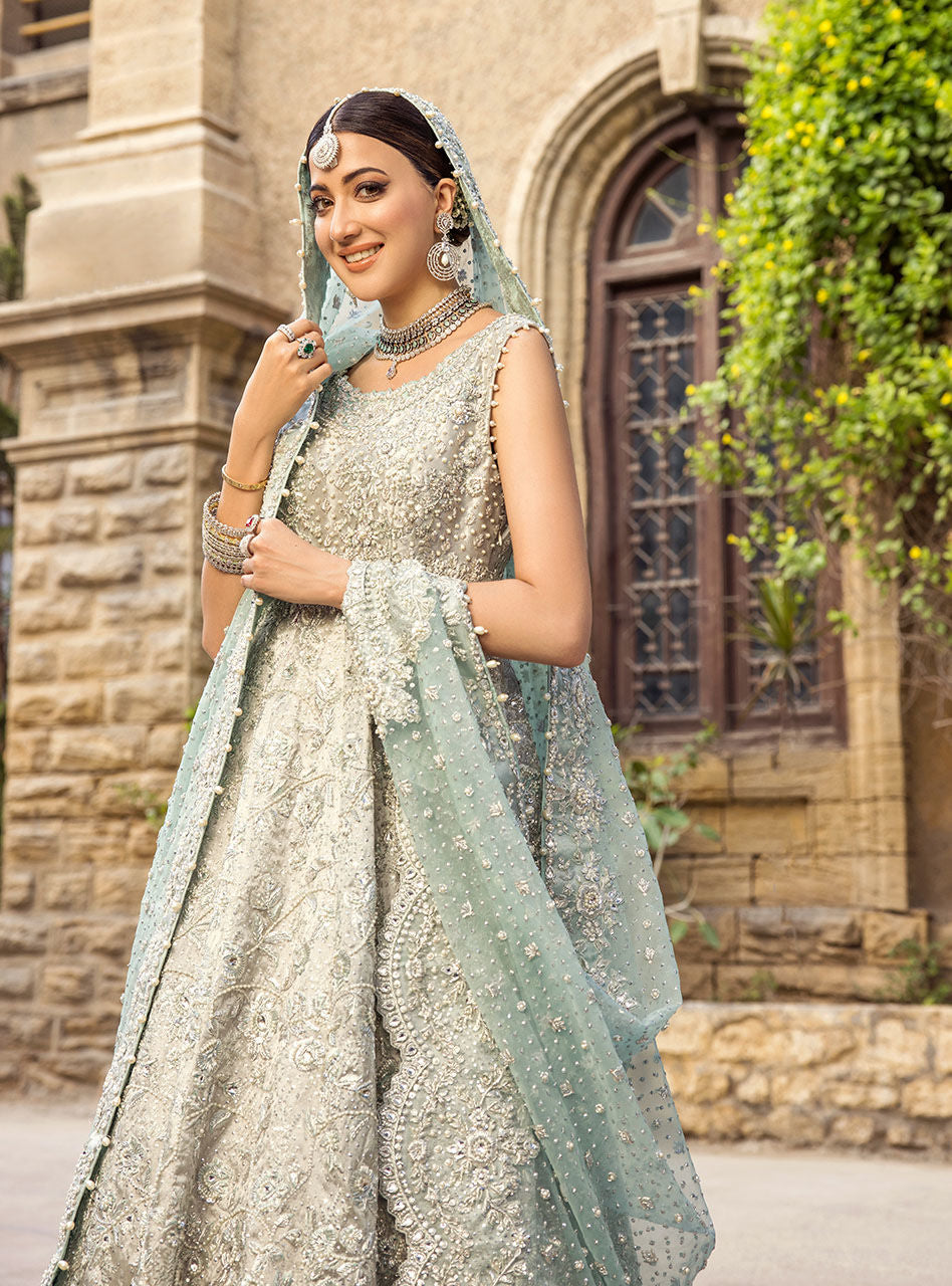 Mint Embellished Brocade Bridal Lehenga (3-Piece) - Image 2