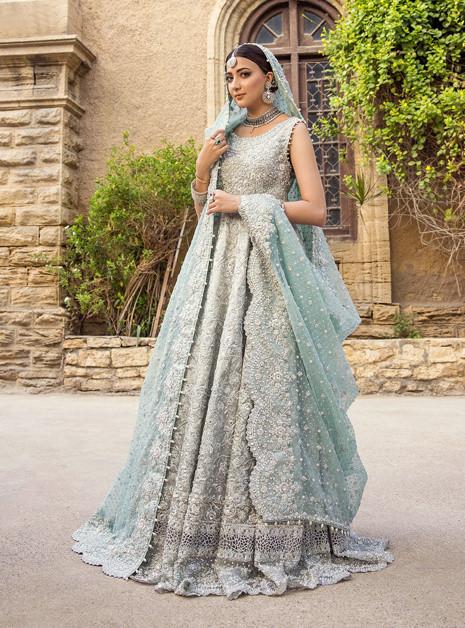 Mint Embellished Brocade Bridal Lehenga (3-Piece) - Image 4