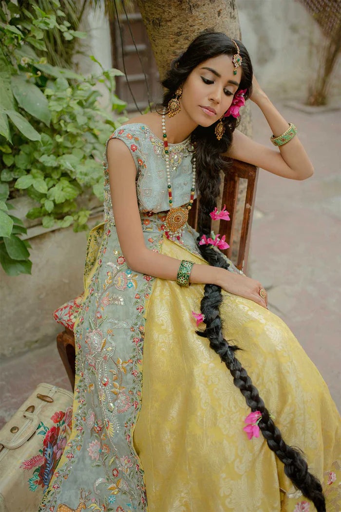 Pistachio Grey Embroidered Kameez with Marigold Lehenga (2-Piece) - Image 1