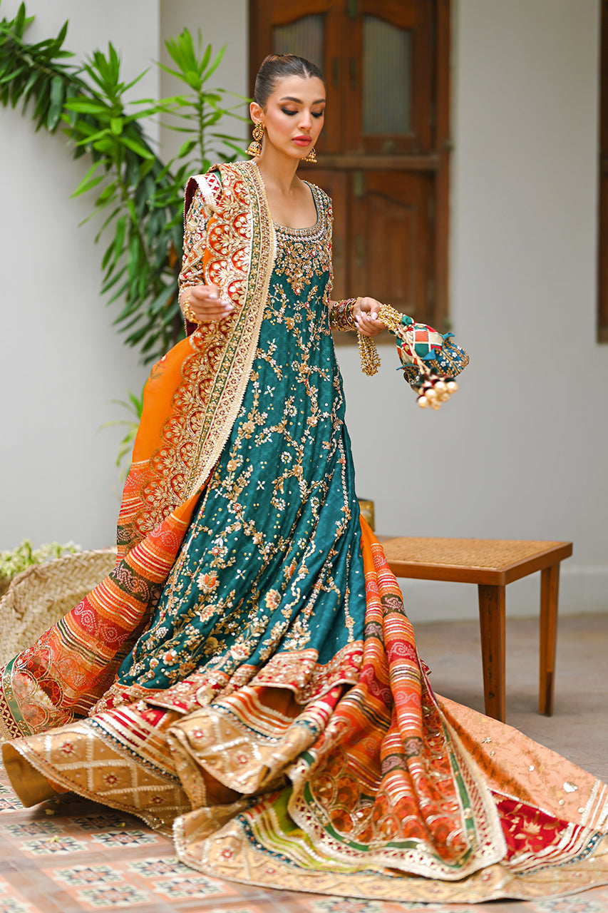 Pakistani Emerald Green Zardozi Cotton Net Peshwas Lehenga (3-Piece) - Image 1
