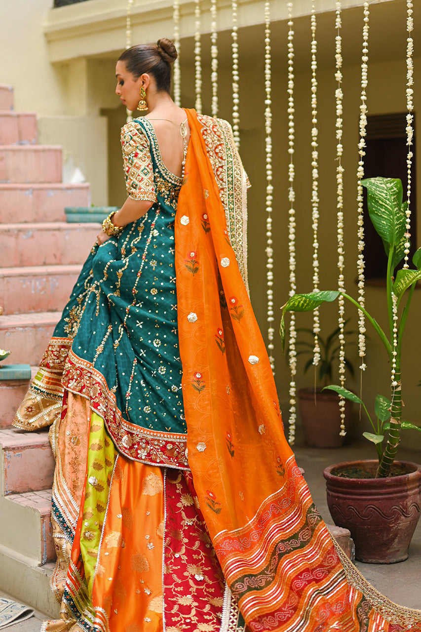 Pakistani Emerald Green Zardozi Cotton Net Peshwas Lehenga (3-Piece) - Image 2