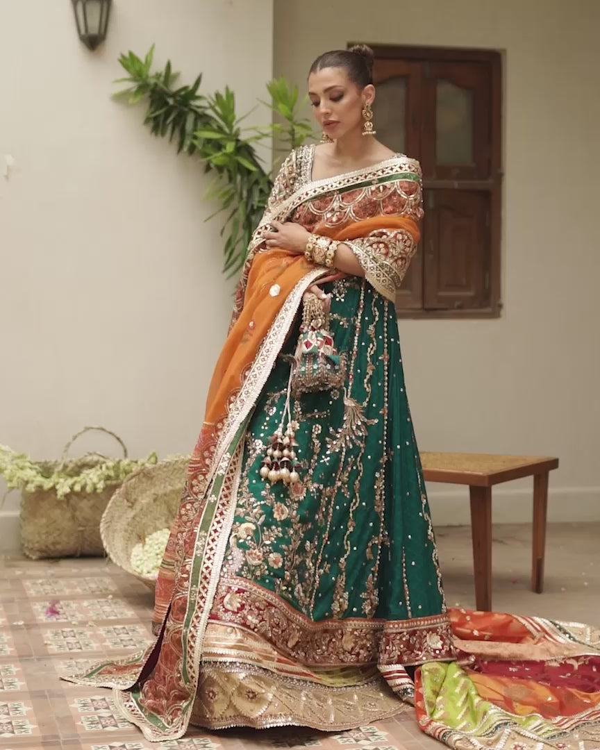 Pakistani Emerald Green Zardozi Cotton Net Peshwas Lehenga (3-Piece) - Image 4