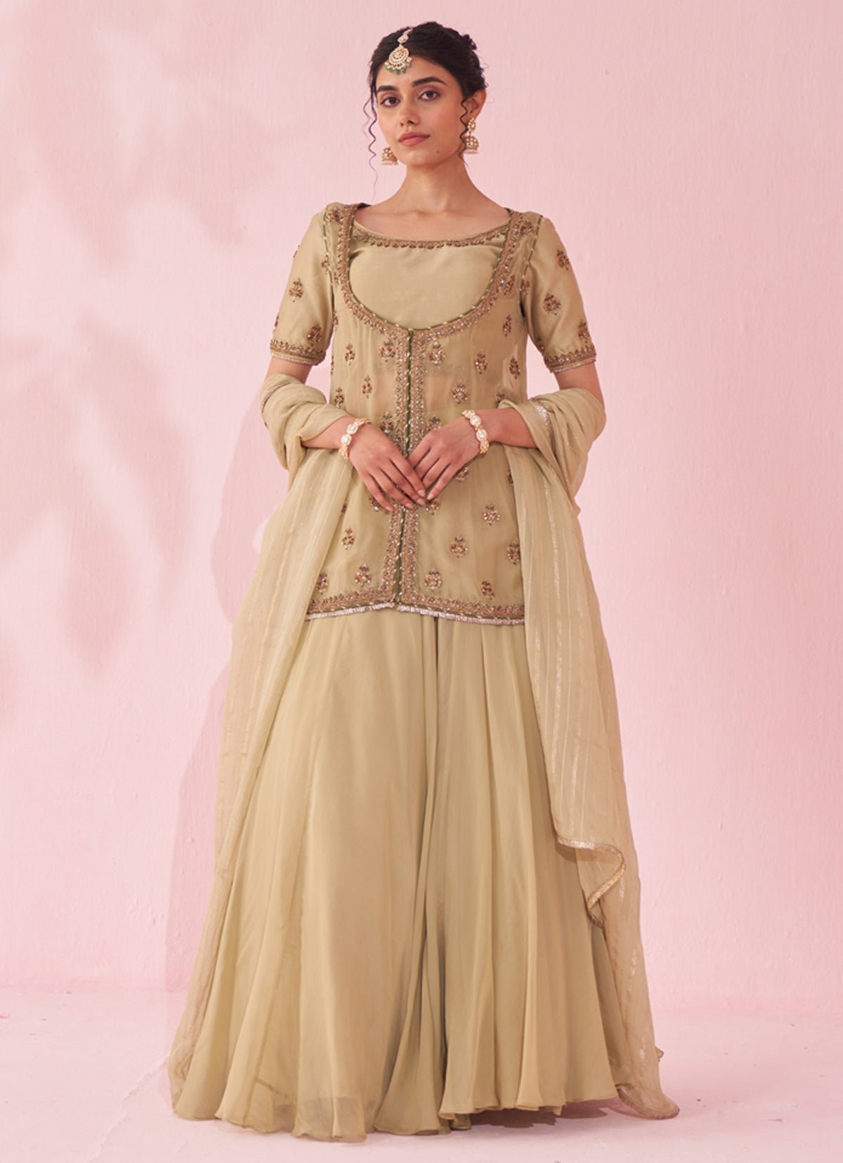 Pakistani Muted Green Resham Zari Chanderi Organza Lehenga (3-Piece) - Image 1