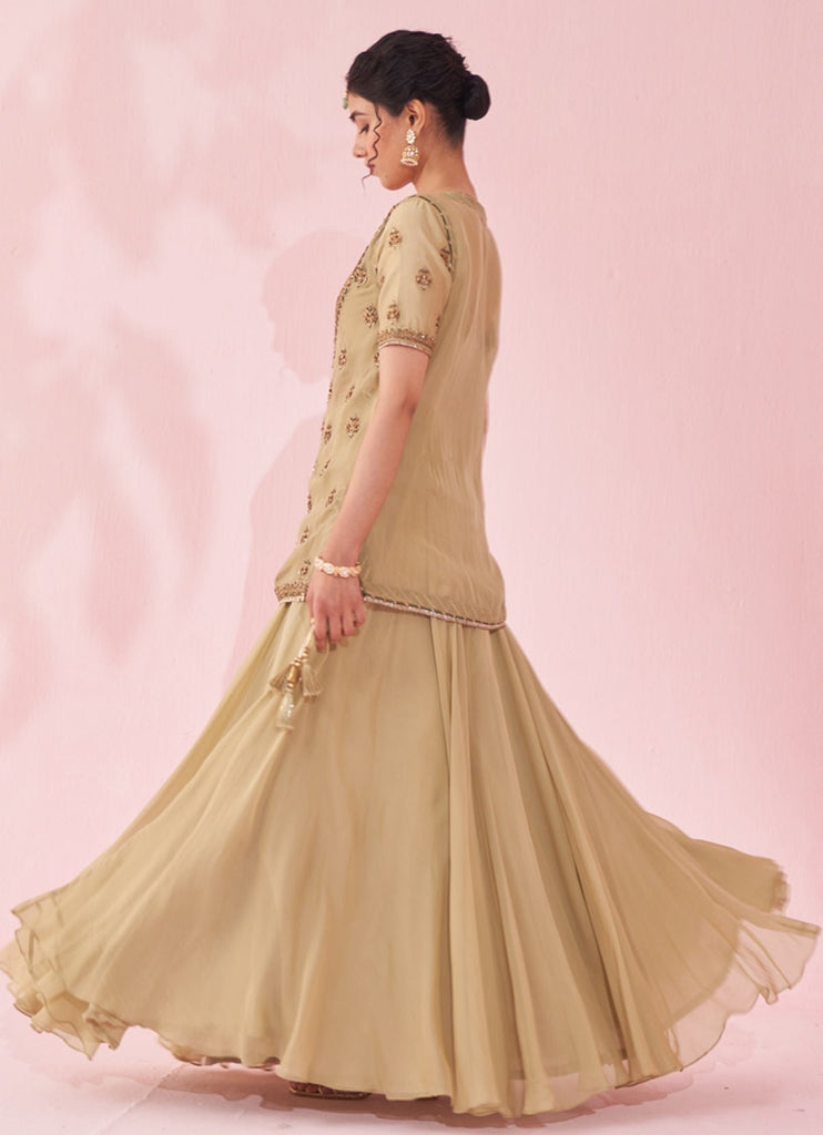 Pakistani Muted Green Resham Zari Chanderi Organza Lehenga (3-Piece) - Image 10