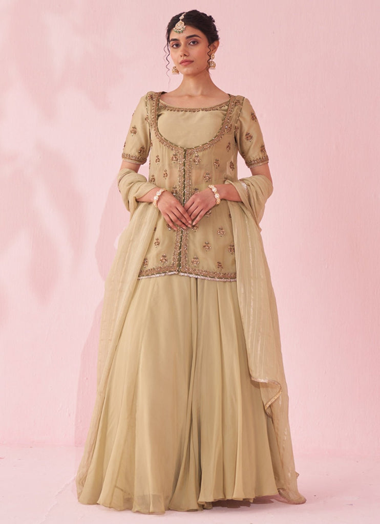 Pakistani Muted Green Resham Zari Chanderi Organza Lehenga (3-Piece) - Image 2