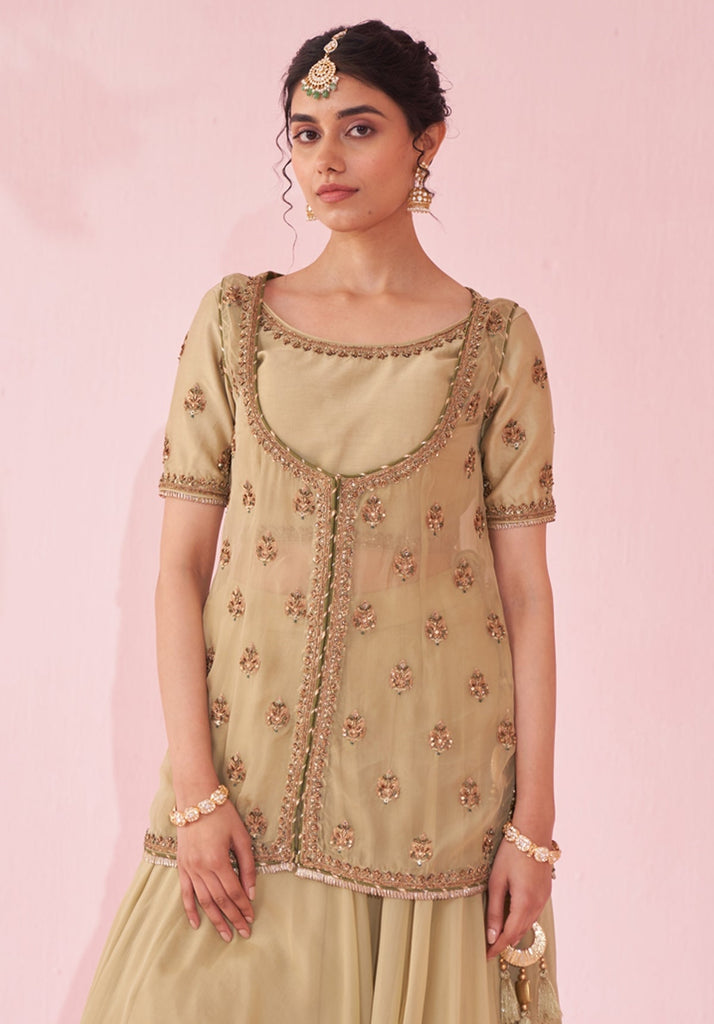 Pakistani Muted Green Resham Zari Chanderi Organza Lehenga (3-Piece) - Image 3