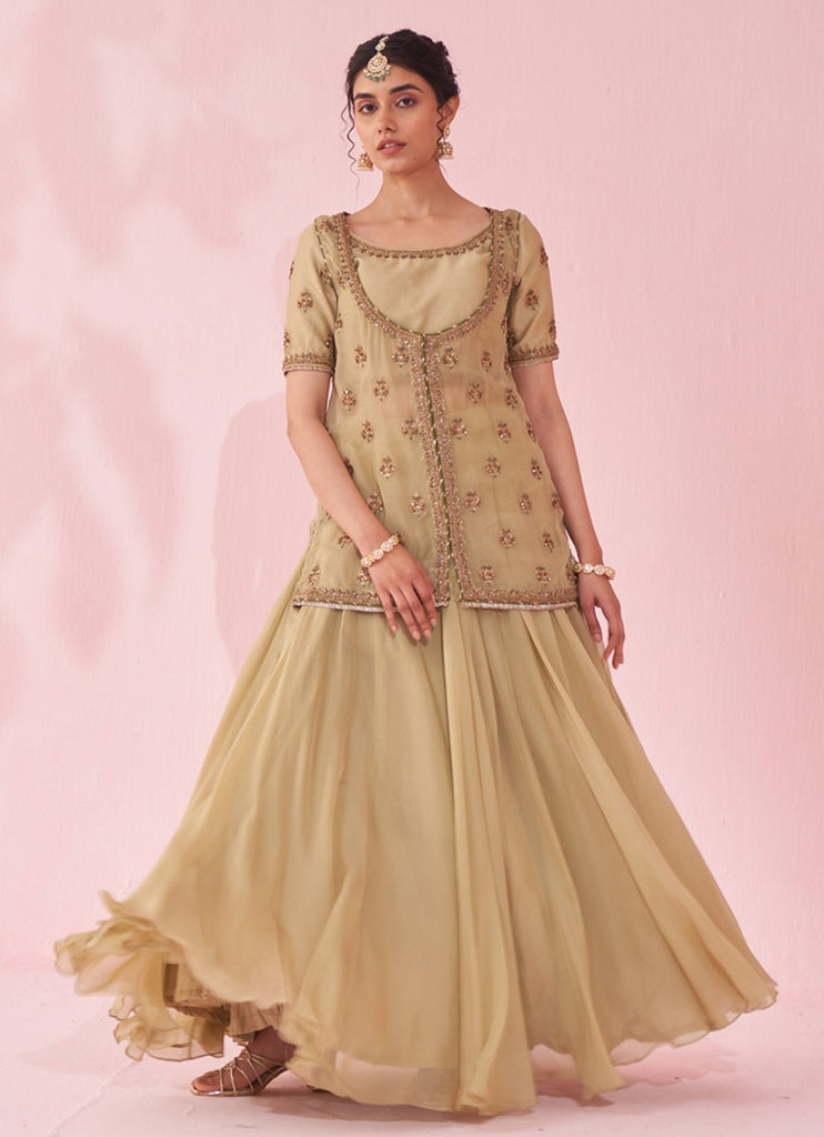 Pakistani Muted Green Resham Zari Chanderi Organza Lehenga (3-Piece) - Image 5