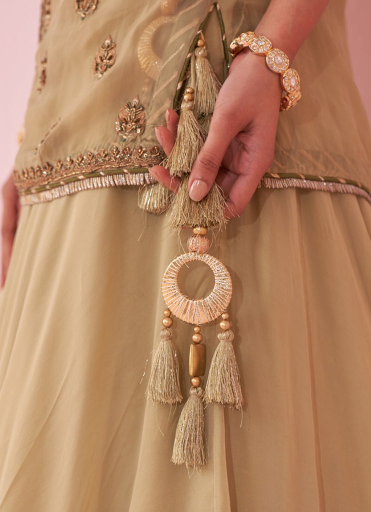 Pakistani Muted Green Resham Zari Chanderi Organza Lehenga (3-Piece) - Image 8