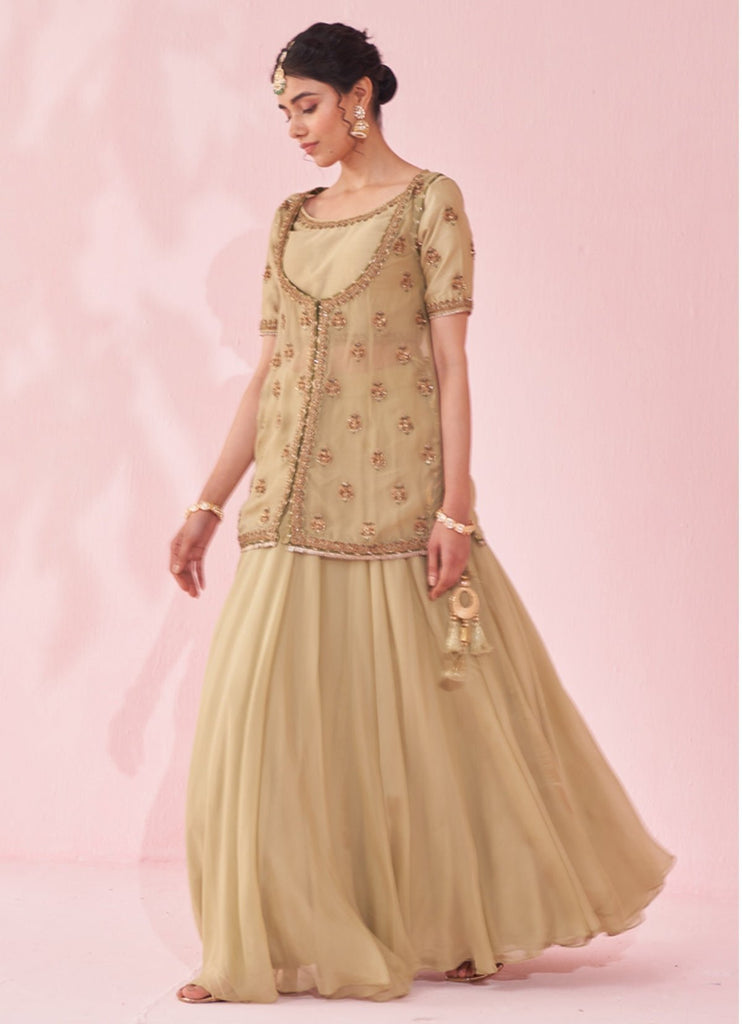 Pakistani Muted Green Resham Zari Chanderi Organza Lehenga (3-Piece) - Image 9